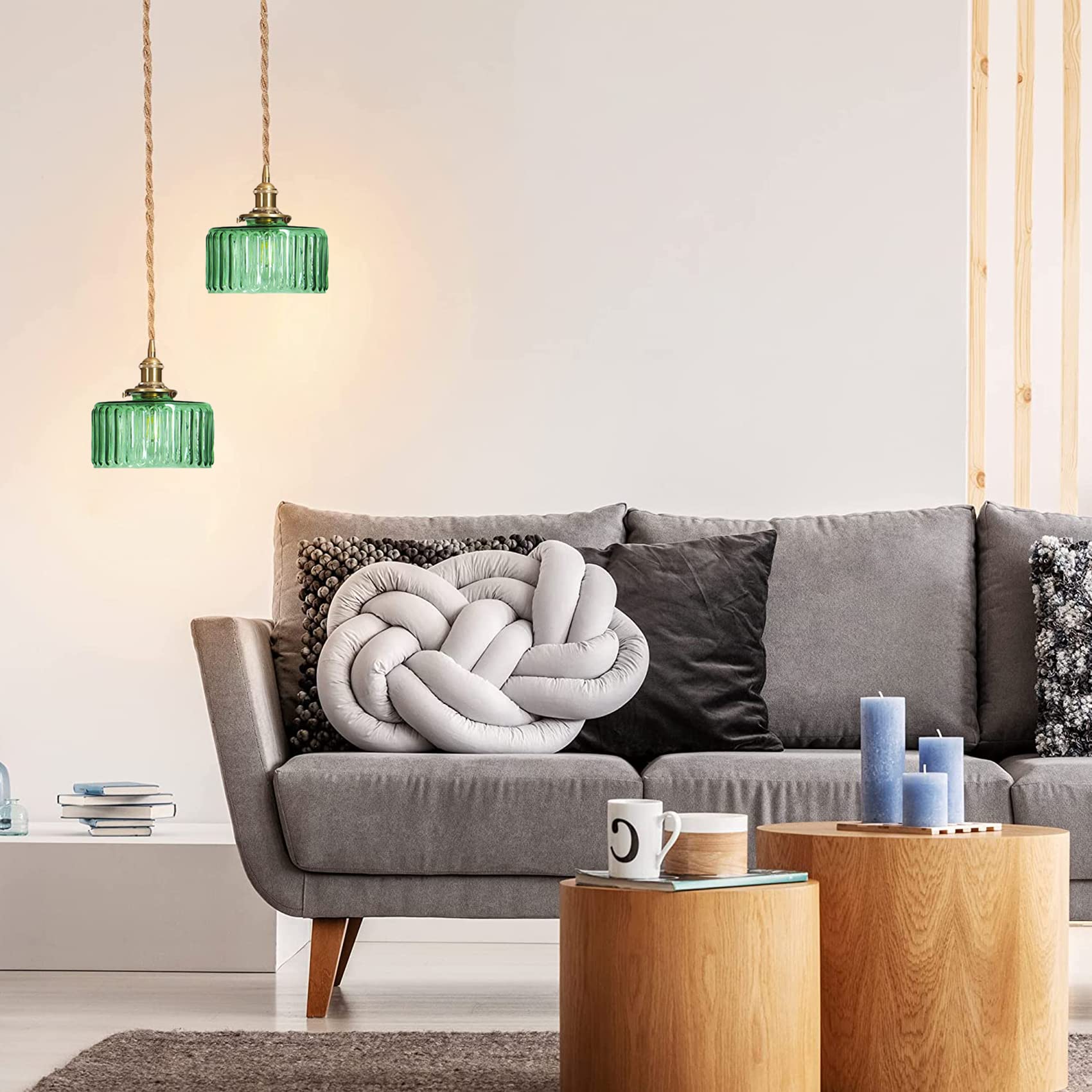 I-xun Plug in Pendant Light, Industrial Glass Pendant Lighting with Glass Shade, Farmhouse Hanging Lamp with Plug in Cord, Green Pendant Lighting for Kitchen Island (Striped)