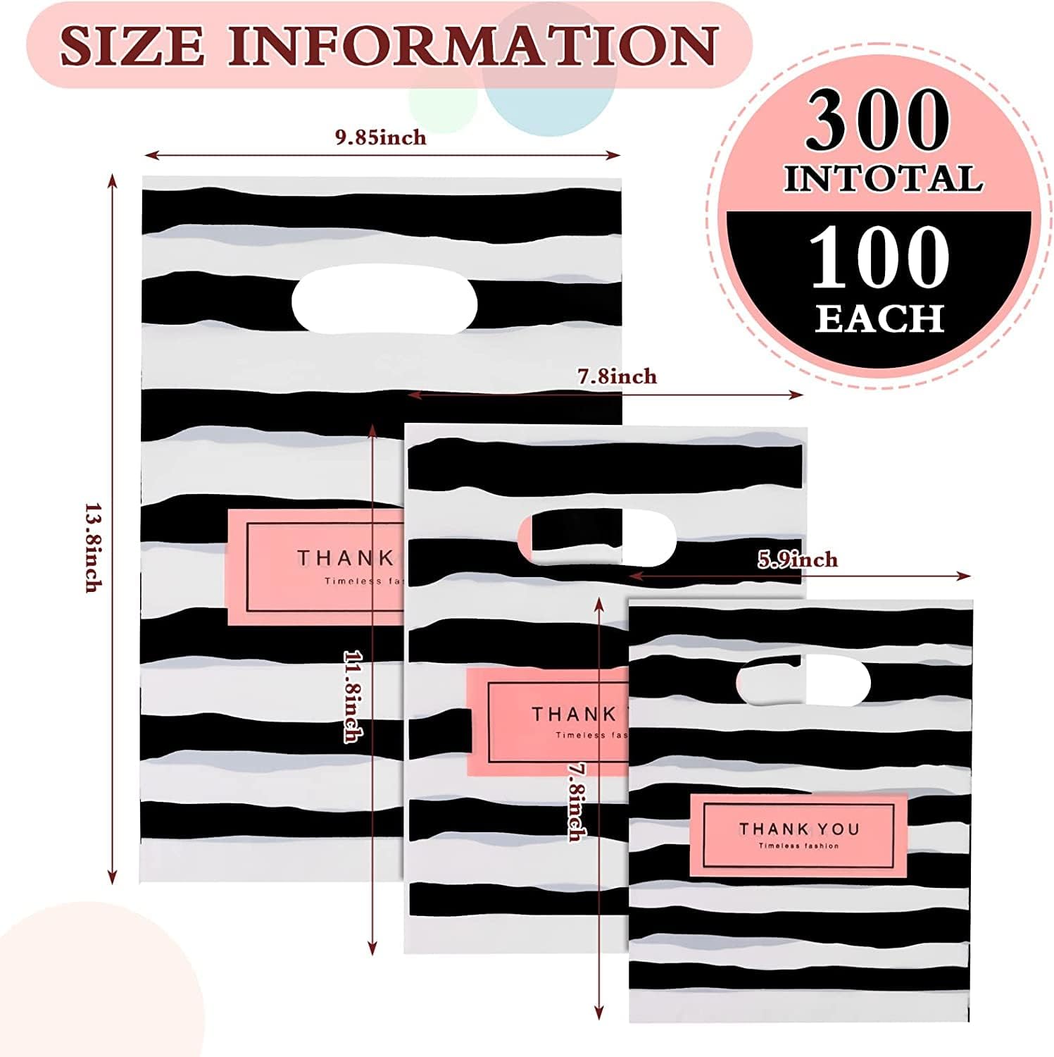 300PCS 3 Size Thank You Merchandise Bag, Die Cut Plastic Shopping Bag With Handles, Gift Boutique Goodie Bags for Party, Stores, Business, Retail (Stripe) - Image 2