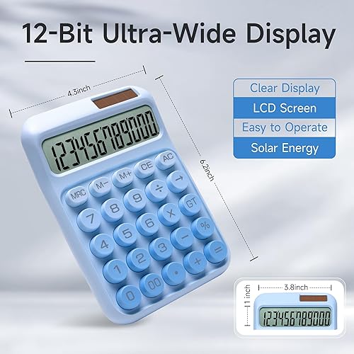 Miniatura 4 de Calculadora de escritorio, 12 dígitos, pantalla LCD grande, botones grandes, calculadoras de escritorio solares y de batería de doble potencia, Azul