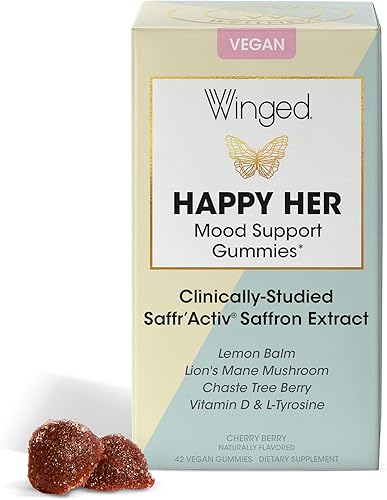 Winged Wellness Happy Her - Gomitas de apoyo para el estado de ánimo, contiene extracto de azafrán activo de azafrán, 5-HTP, L-tirosina, melena de