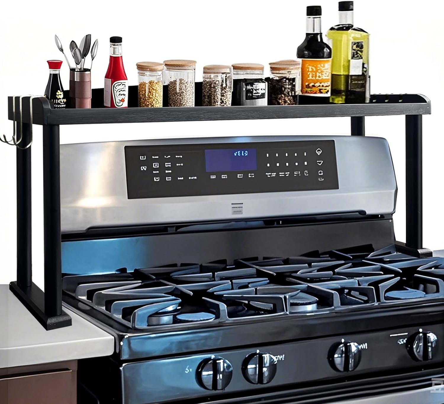 Bamboo Over the Stove Shelf for Kitchen Storage,34.6 Inch Top of Stove Spice Rack Countertop Organizer for Back of Stove with 6 hooks, 34.65×5.11×13.58 inches Black