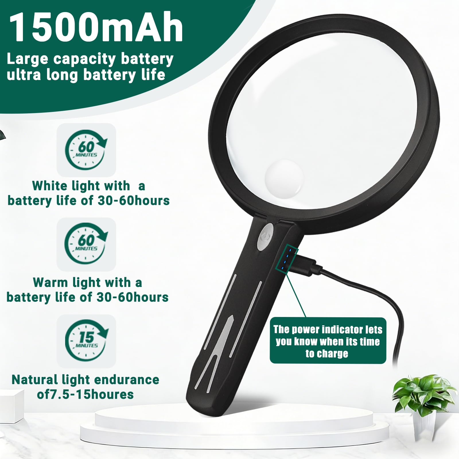 10-fache große Lupe mit Licht, 14,7 cm mit 28 LEDs, Handlupe, 1500 mAh, wiederaufladbar, mit dreifarbigen Modi und Power-Anzeige, beleuchtete Lupe für Senioren, Lesen, Naharbeit