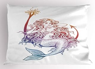 Ambesonne Mermaid Pillow Sham Set of 2, Sea Woman Sitting on Fishing Hook in Front of Palm Surreal, Quality Microfiber Bedding Item for All Seasons, 26