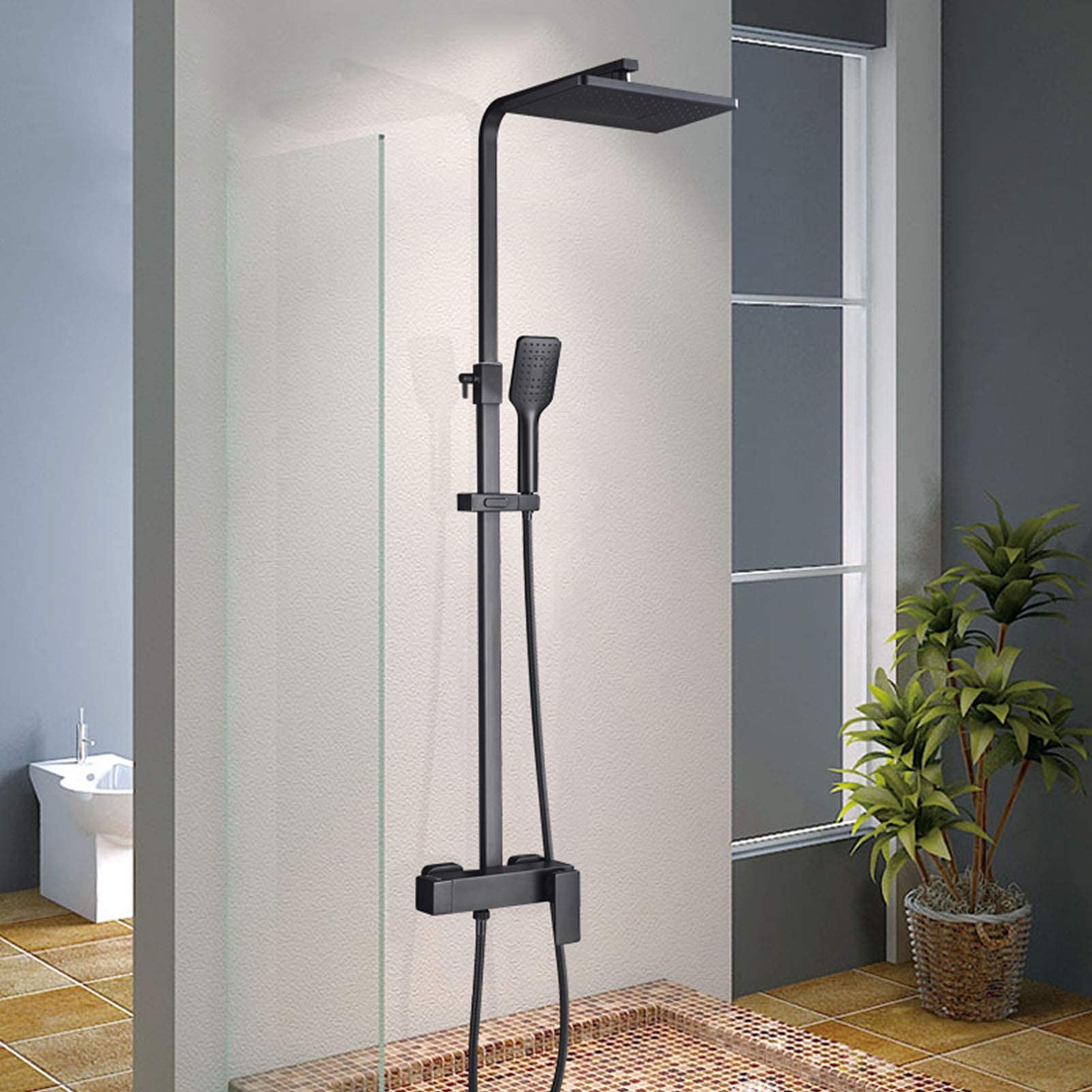 Système de douche à effet pluie noir mat avec mitigeur de douche exposé et barre réglable