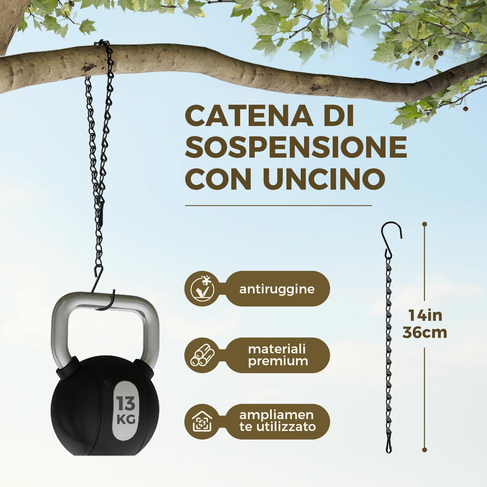 Bamworld Portapiante Sospesi 12 Pezzi, 35 cm Catene Nere con Ganci Soffitto, Supporto Sospensione per Mangiatoie Vasi Campanelli Vento, Interno ed Esterno