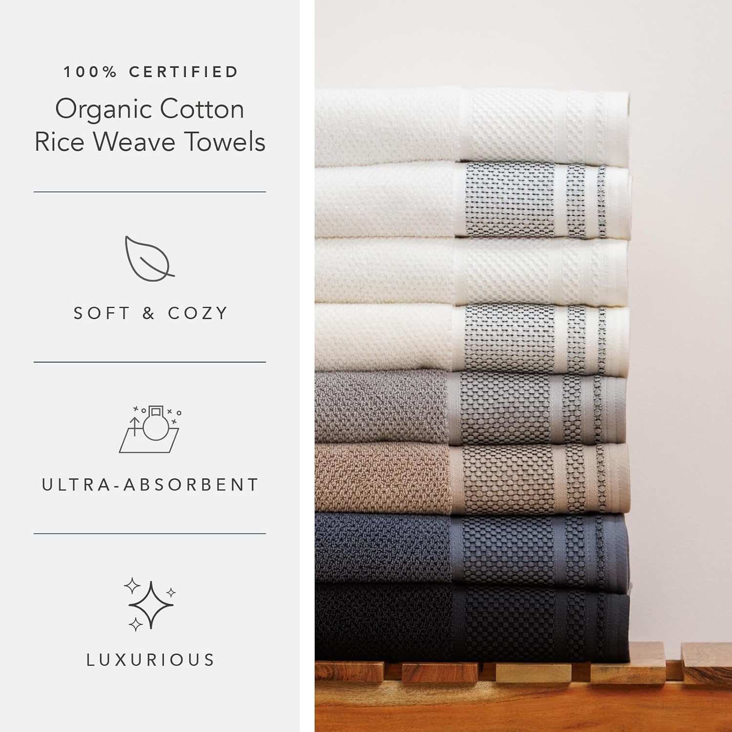 Texere 100% Organic Cotton Rice Weave Jacquard 700 GSM Luxury Bath Towel Sets - Ultra Soft and Absorbent Hotel and Spa Quality (Rice Weave, Bright White, 4 Bath Towels)
