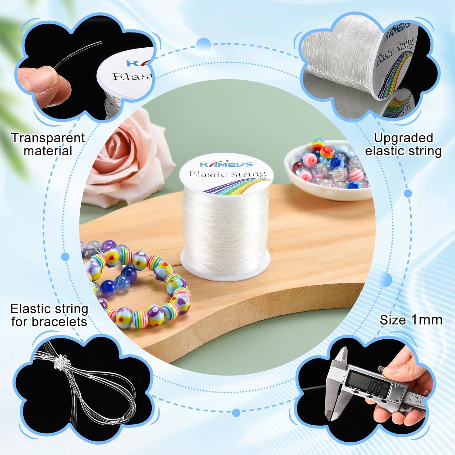 Crystal Elastic Cord, Clear Elastic String for Bracelets, Beading, Necklaces, Jewelry Making, 1mm Stretchy String Suitable for Various Types and Sizes of Beads