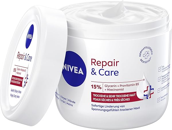 NIVEA Repair & Care Creme (400ml), feuchtigkeitsspendende & nicht fettende Körpercreme, schnell einziehende Lotion mit Provitamin B5 & Glycerin, für sehr trockene Haut