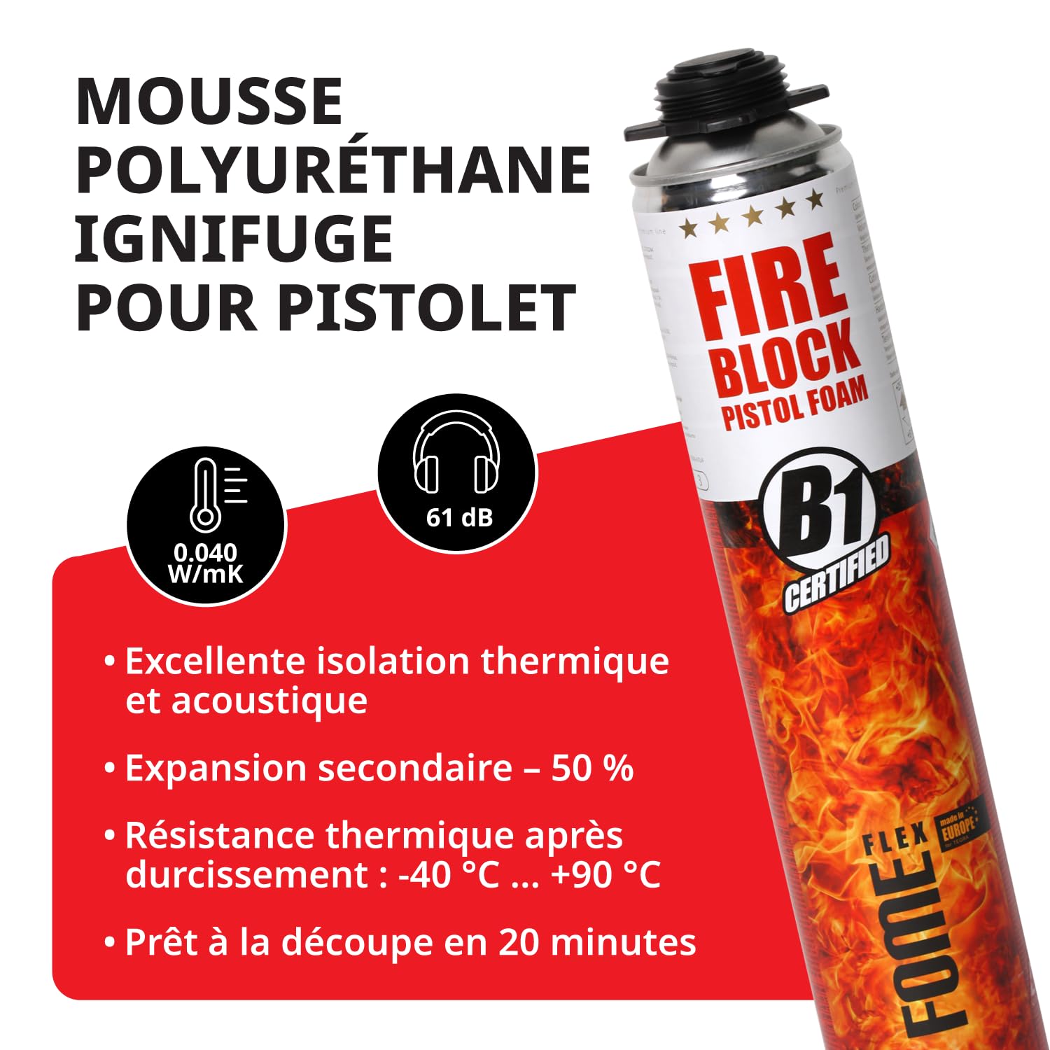 Mousse polyuréthane coupe-feu FOME FLEX Fire Block – pistolable, haute résistance, joints minéraux & métalliques – 12 x 750 ml, résistance au feu jusqu’à 240 min, étanchéité fumée & gaz