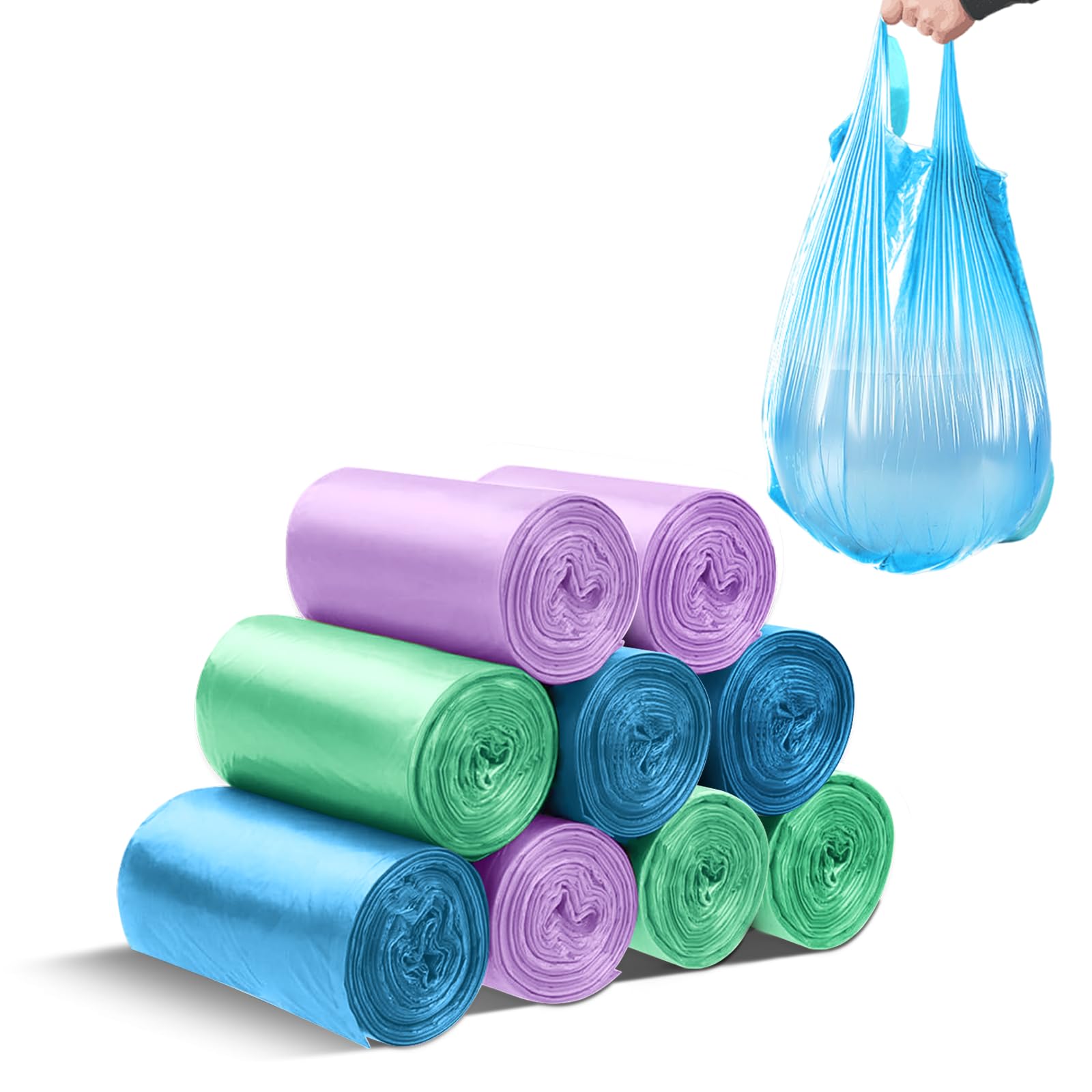 LURNODY 9 Rotoli di Sacchetti Spazzatura Piccoli (2 Litri/0.5 Gal) Inodore, Sacchetti Spazzatura Adatti per Cestino Auto, Pattumiere Bagno, Pattumiera da Tavolo (Viola, Verde, Blu 180 Pezzi)