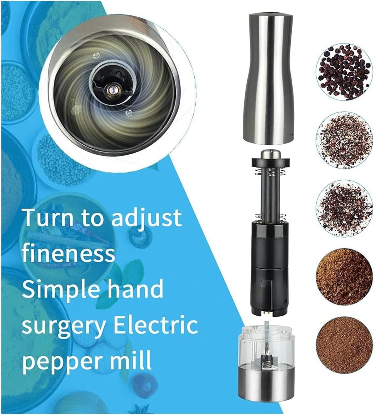 Refillable Pepper Mill Salt And Pepper Grinder, Electric Salt And Pepper Grinder Set, Electric Salt Grinder Stainless Steel Salt Peppercorn Shakers, 20.5*5.5cm, Silver