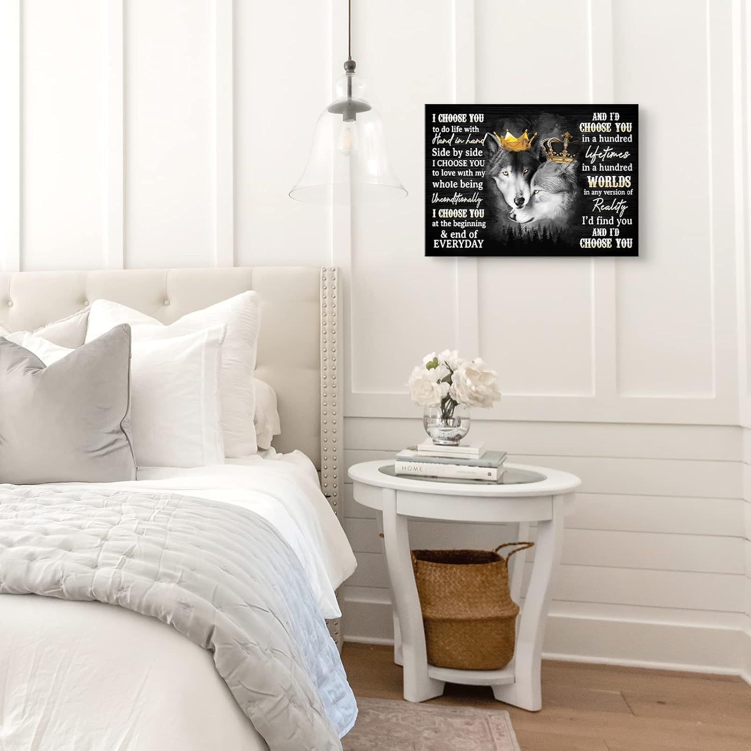 Kasluolo Black and White Wolf Wall Art Christian Two Wolves Poster Wolves King and Queen Crown Picture Motivational Canvas Print Painting for Bathroom Bedroom Office Framed Artwork 12x16 inch