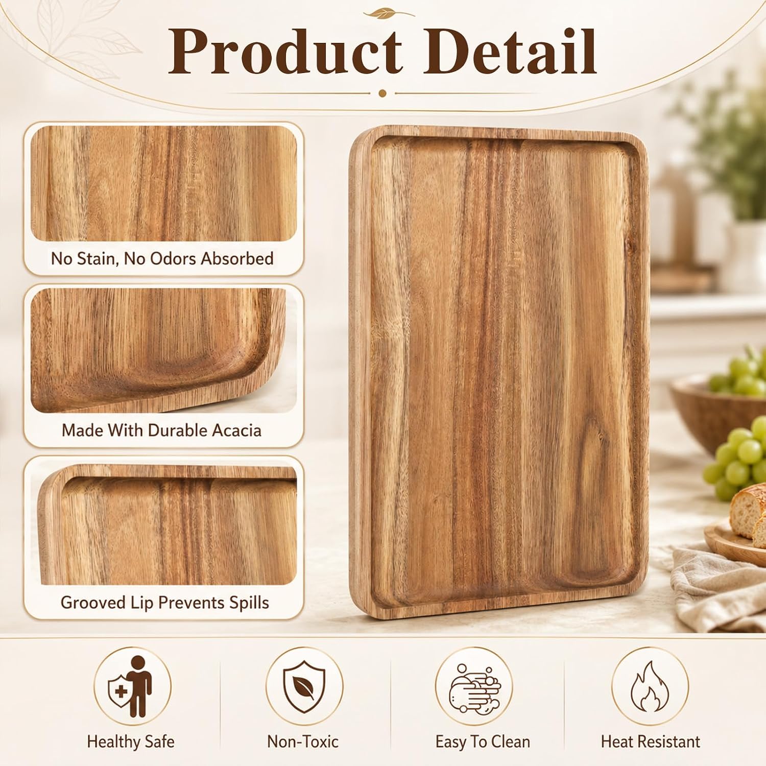InnoHHustle 2 Pcs Solid Acacia Wood Serving Trays 13 x 8.7 inch Rectangular