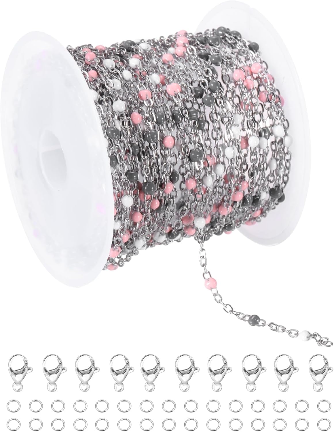 MECCANIXITY Stainless Steel Bead Chain, 16.4 Feet/5M Enamel Beaded Jewelry Link Cable Chains Spool Kit for Jewelry Making, Necklace, Bracelets, DIY Crafts (Silver/Grey White Pink, Pack of 1)