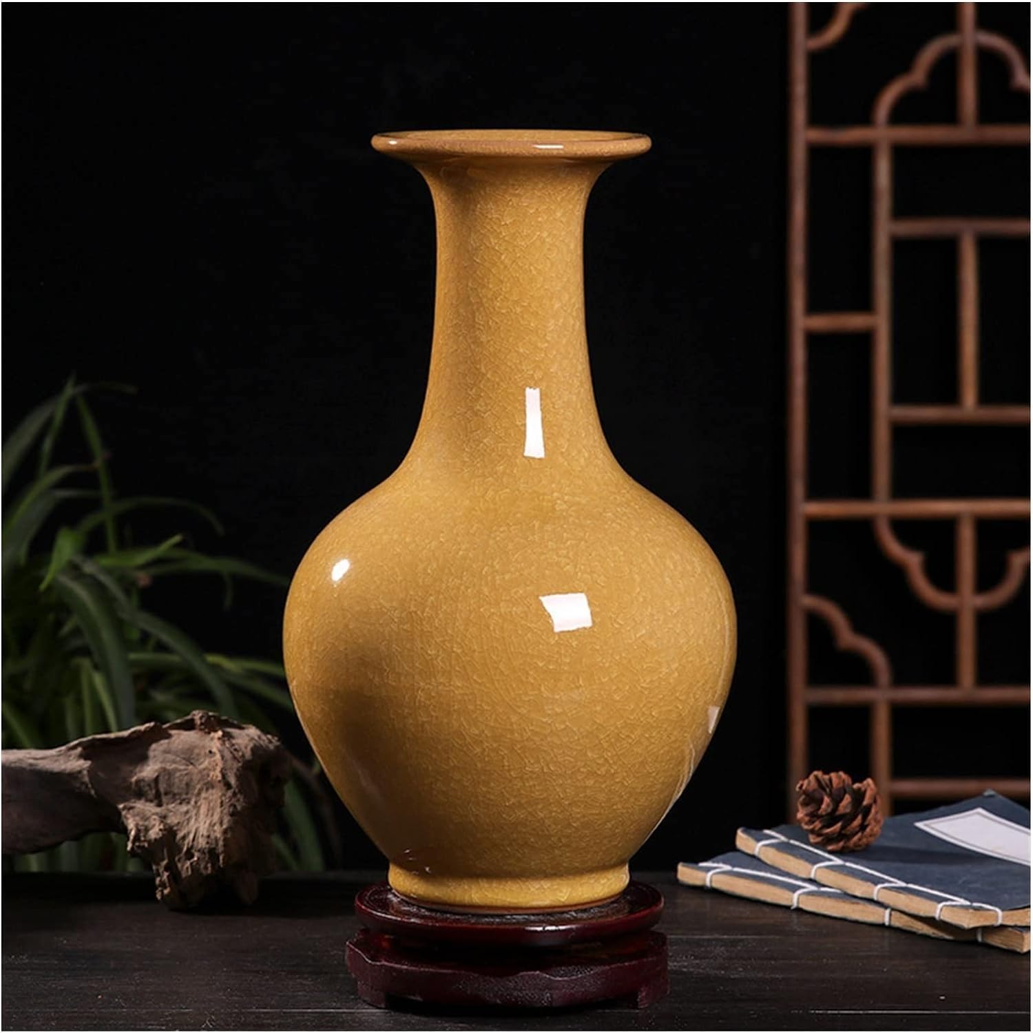 Ceramiczny antyczny oficjalny piec Ziyu kawałek żółty rękodzieło dekoracja wazon (z pękniętym jadeitem)