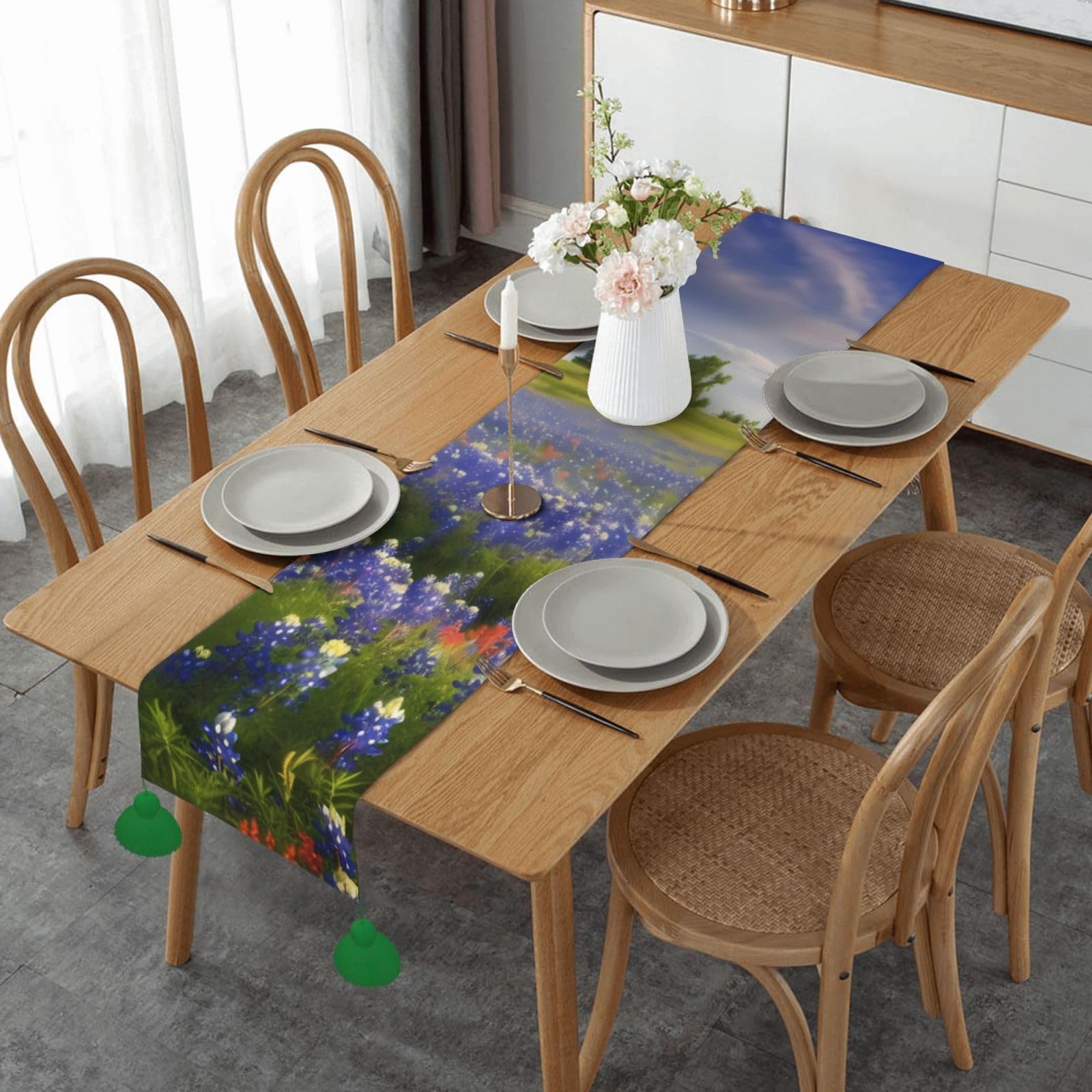 Chemin de table en lin paysage bleu du Texas 35x152 cm pour repas de fête