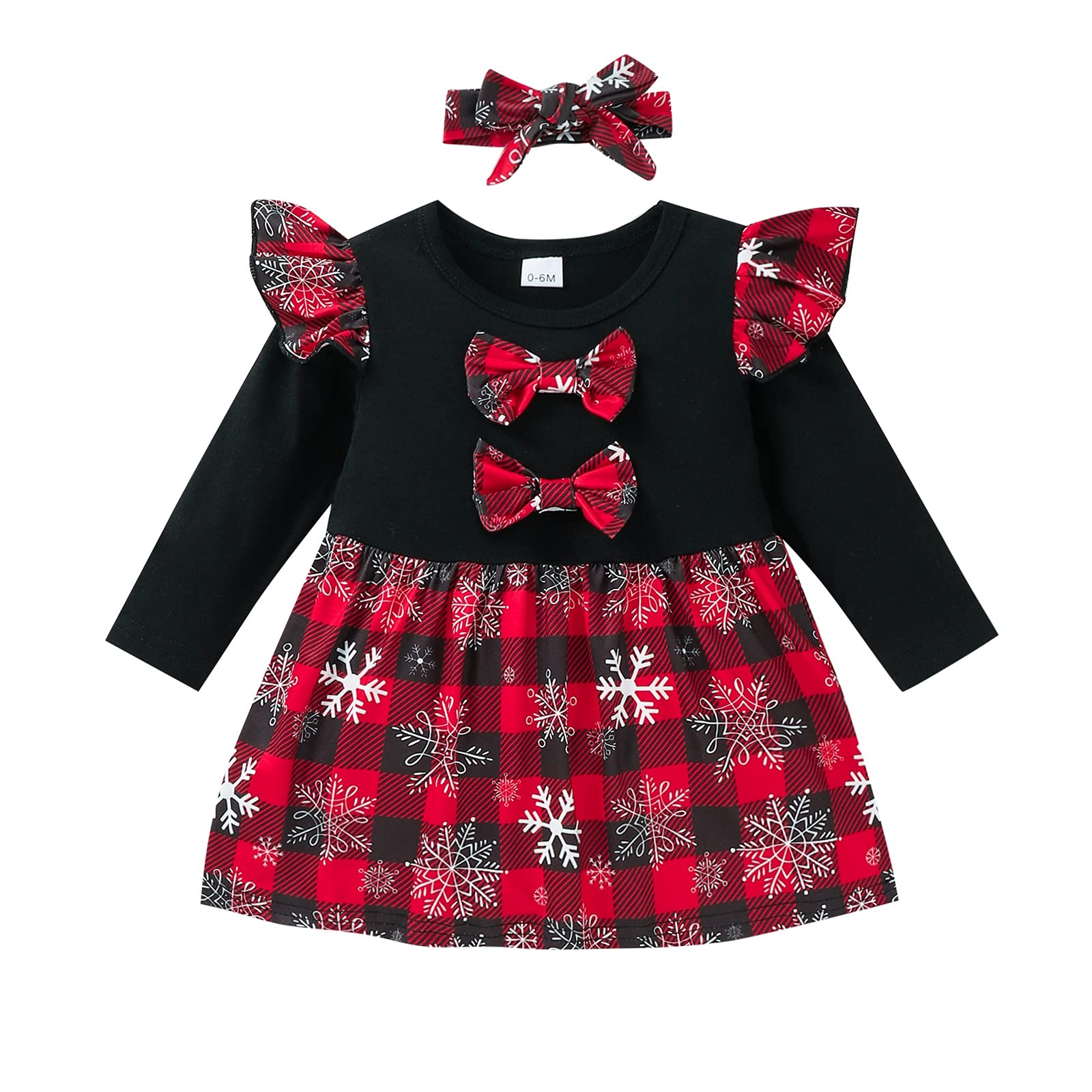 Newborn Baby Girl Christmas Outfit Dress Long Sleeve Plaid Bow Deer High Waist Tulle Tutu Skirt Dresses Headband (B,12-18 Months)