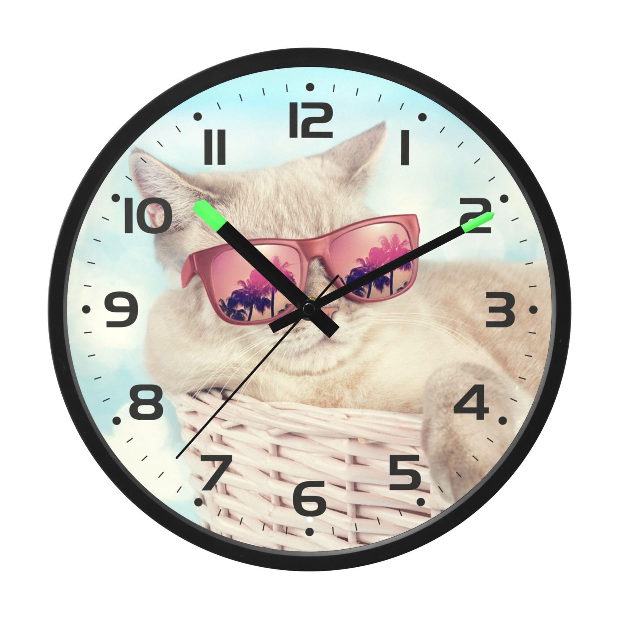 ALAZA Moderno reloj de pared digital redondo de 12 pulgadas, gato con gafas, silencioso, decorativo, LED, funciona con pilas, para cocina, sala de estar, oficina