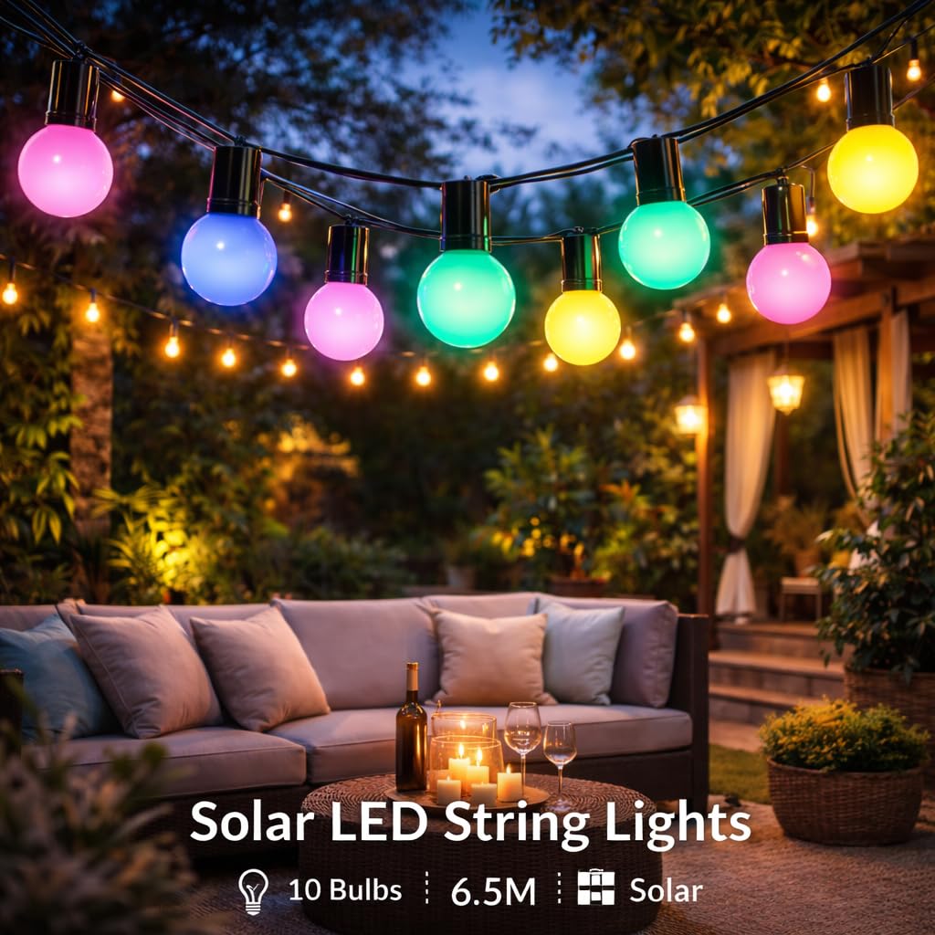 M mimotec - 6.5M LED Solar Lichterkette Außen RGB Dimmbar 10 Birnen IP54 Wasserdicht Dekoration für Garten Terrasse Fassade Terrasse