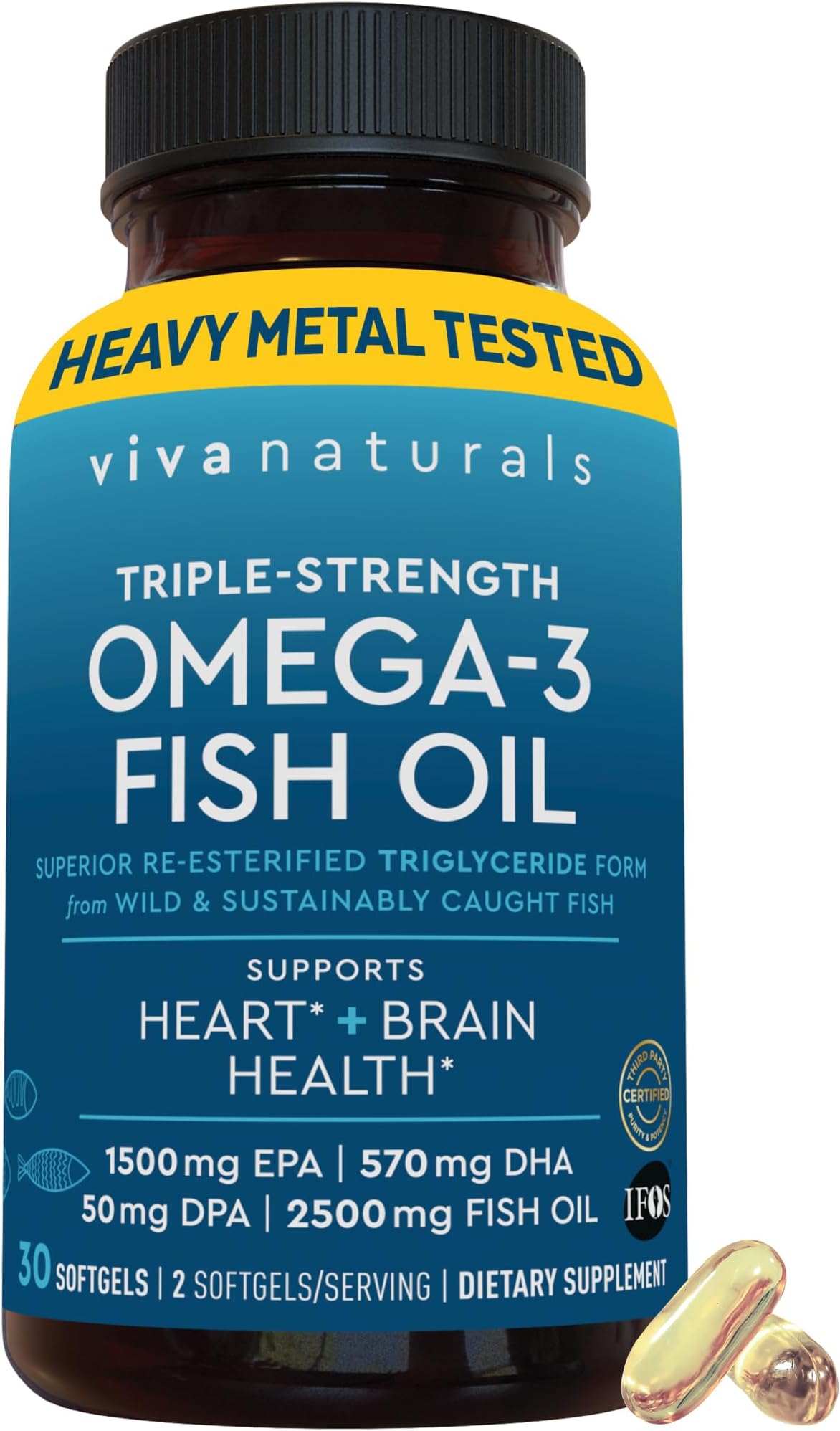Viva Naturals Triple Strength Omega 3 Fish Oil Supplement - 2500 mg Fish Oil with Re-Esterified Omega 3 Fatty Acids Including EPA, DHA DPA - 30 Pescatarian-Friendly Softgels