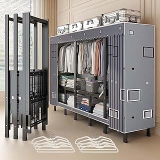 ワードローブ 組み立て不要 大容量 高耐荷重 カバー付き クローゼット 美しい衣類収納ラック スチール製 頑丈 省スペース 組み立て簡単 防水 防汚 防塵 耐用 ハンガー8個付き 日本語説明書付き (グレー, 約200*48*170cm)