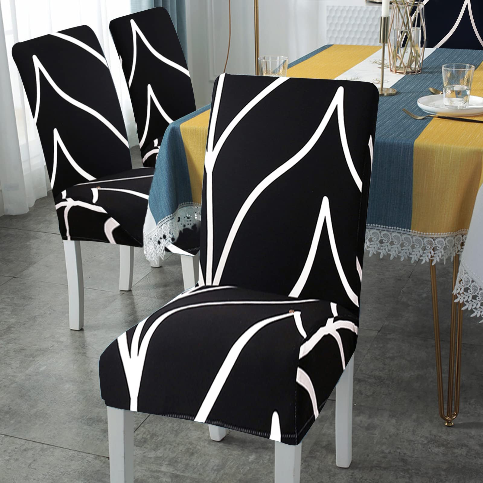 Jaotto Coprisedia Elasticizzati con Schienale 6 Pezzi, Fodere Coprisedie Universale per Sala da Pranzo Cucina, Moderno Coprisedia Lavabile Estraibile, Coperture per Sedie(Linea Nera,6 Pezzi)
