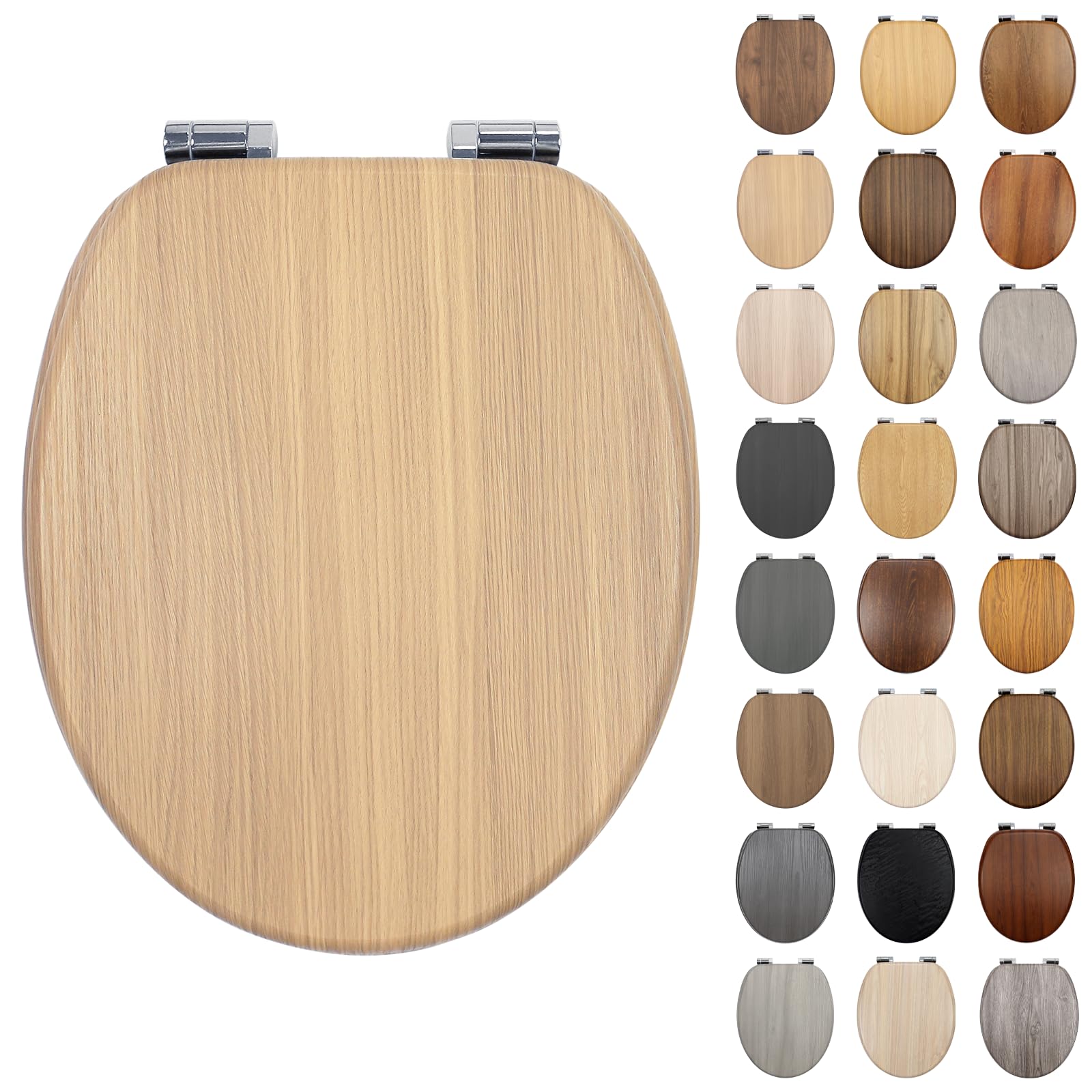 Fanmitrk Wooden Toilet Seat with Oak Effect Finish, Soft Close, MDF Bottom-Fixing Hinges, Easy-Clean for Bathrooms(SD112LT13612-53-01) — image 1