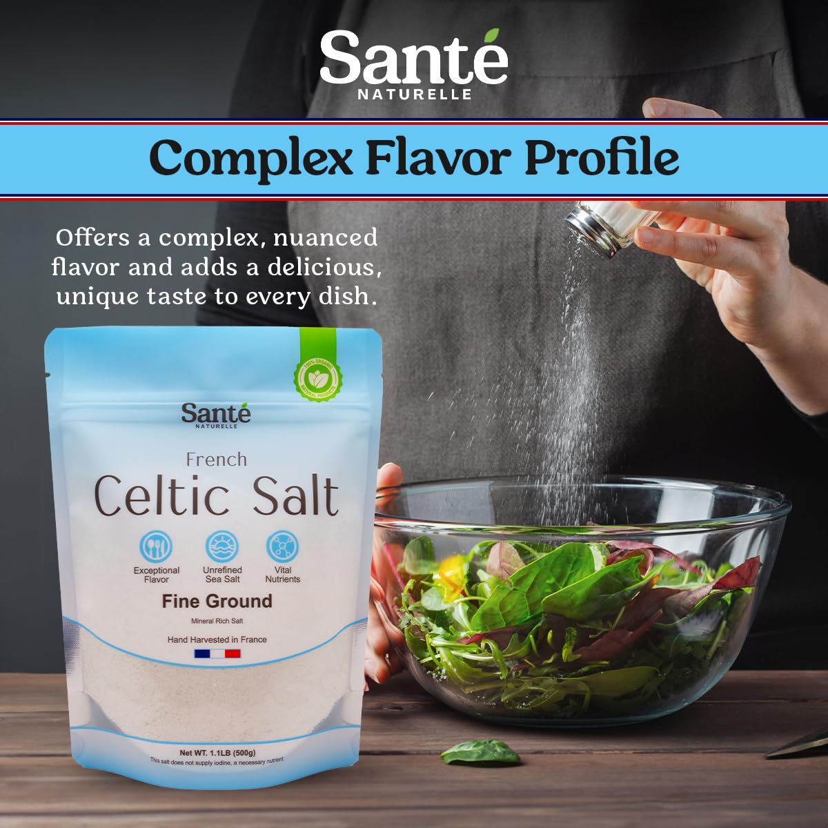 Sante Naturelle Celtic Salt Organic Fine Ground - 1.1lb (18oz) Pack of 3, Unrefined Organic French Sea Salt, Rich in 82+ Minerals Salt, 100% Natural & Hand Harvested Sal Celtica