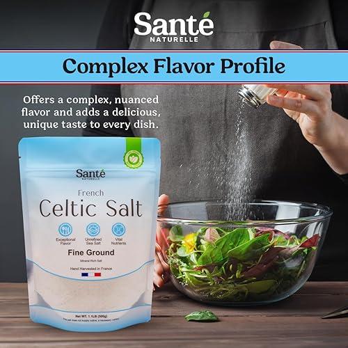 Vista 4 de Sante Naturelle Sal Marina Celta de Molienda Fina - 1.1lb (18oz) Sal Marina Francesa Sin Refinar Orgánica, Rica en 82+ Minerales, 100% Natural
