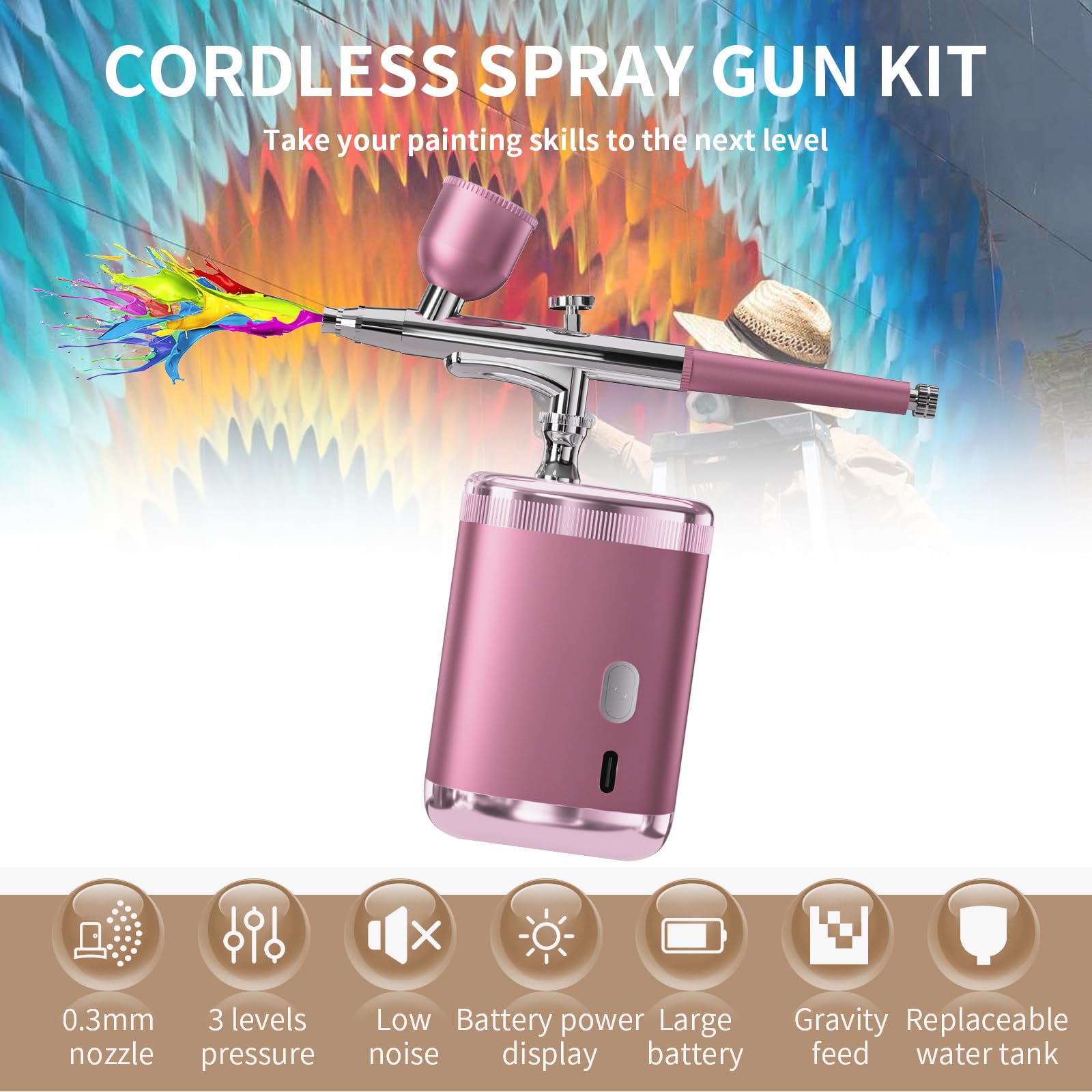 Kit de Aerógrafo Sin Cable Rosa - Pistola de Pintura Portátil，Aerógrafo eléctrico Recargable con Boquilla 0,3/0,5mm, 3 presiones Ajustables para Nail Art, modelismo, decoración Pasteles