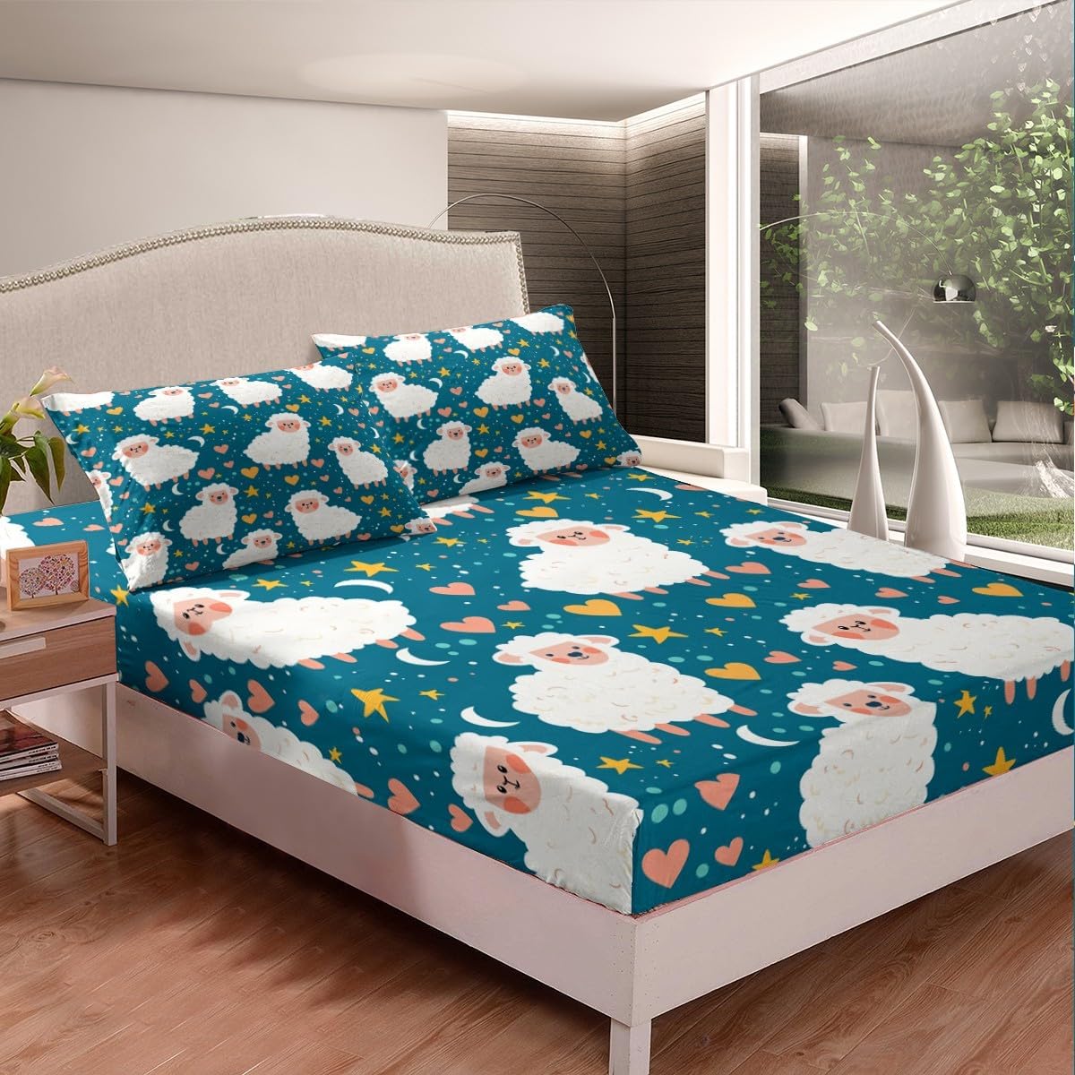 Kawaii Sheep Bed Sheet Set for Kids Boys Adults,Cute Sheep Rustic Farmhouse Animals Deep Pocket Fitted Sheet Full,Cartoon Starry Sky Watercolor Hearts Stars Pattern Soft Microfiber Sheet Set