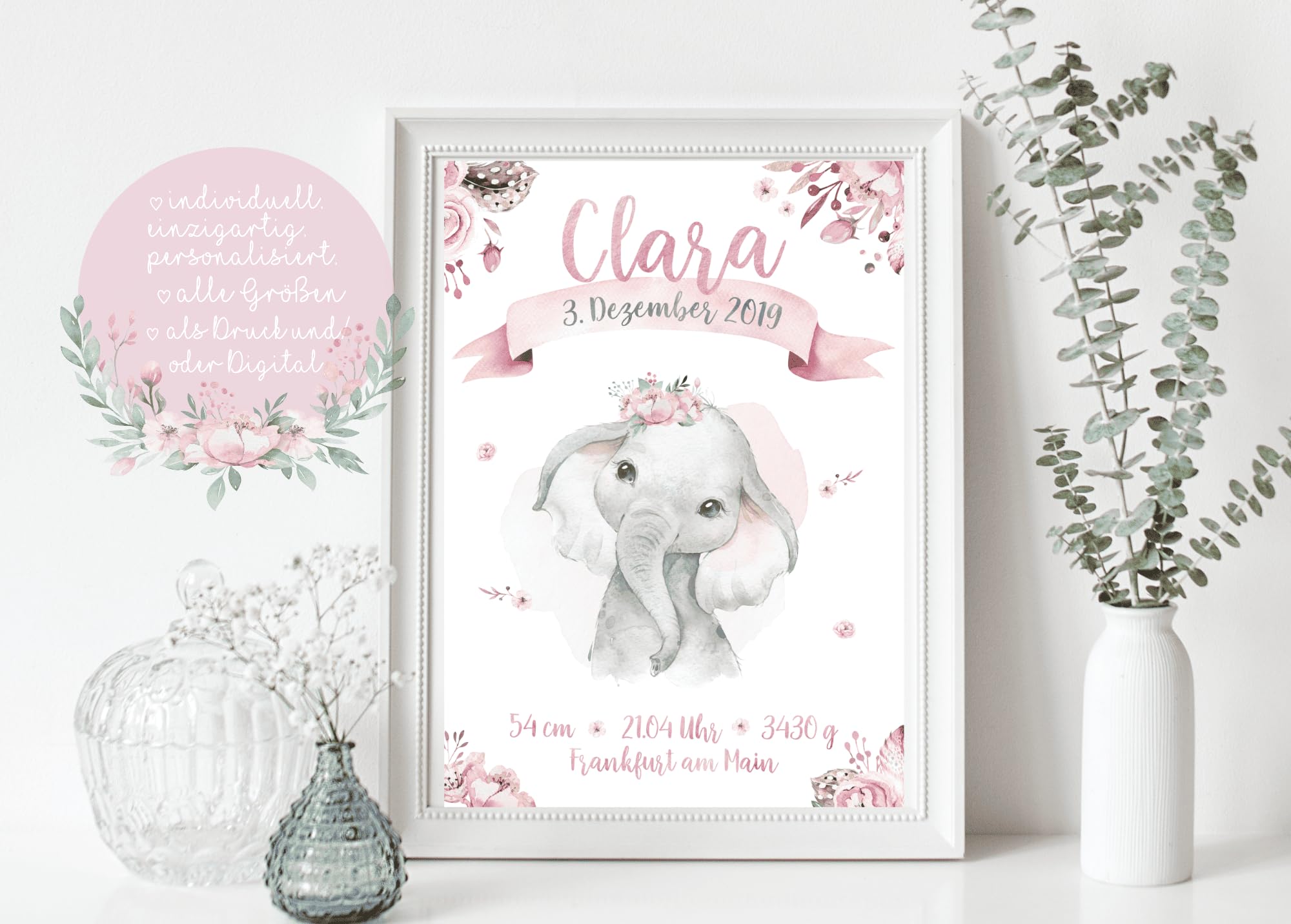 double critical Personalisiertes Geburtsposter Baby-Elefant – Mädchen Aquarell Poster mit Name und Geburtsdaten – Rosa Blumen Deko Kinderzimmer – Geschenk zur Geburt oder Taufe DIN A4 A3