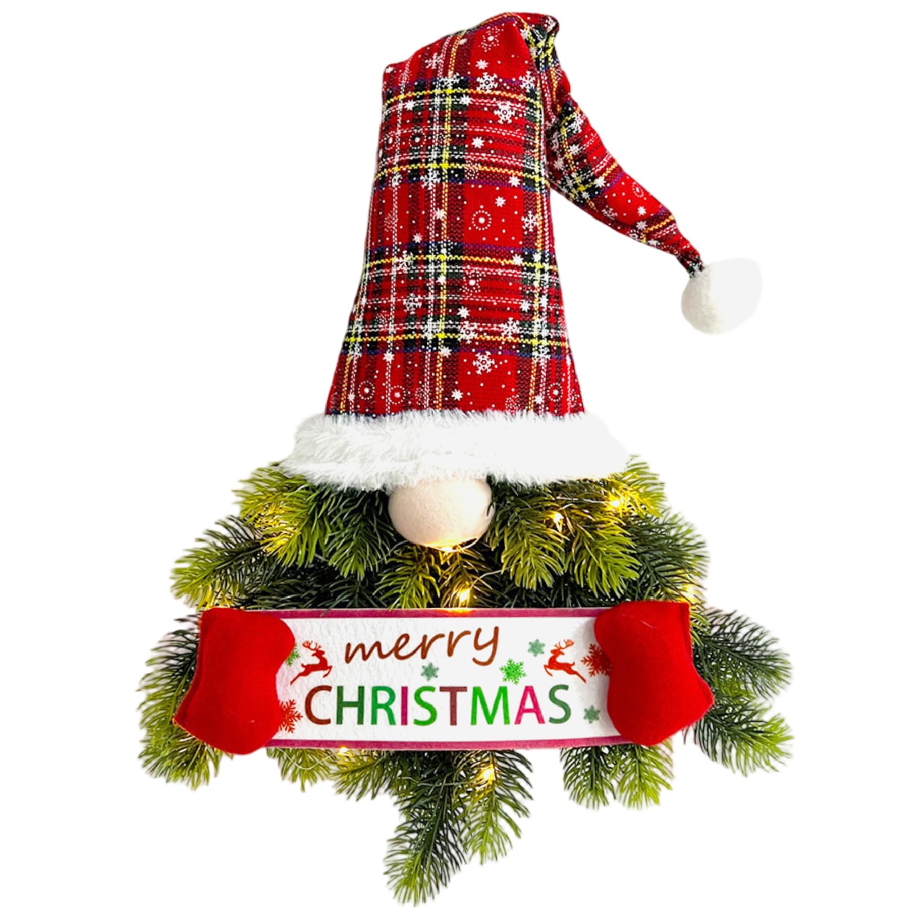 Couronne de Porte de Noël Gnome Lumineux 68cm pour Décoration d'Entrée
