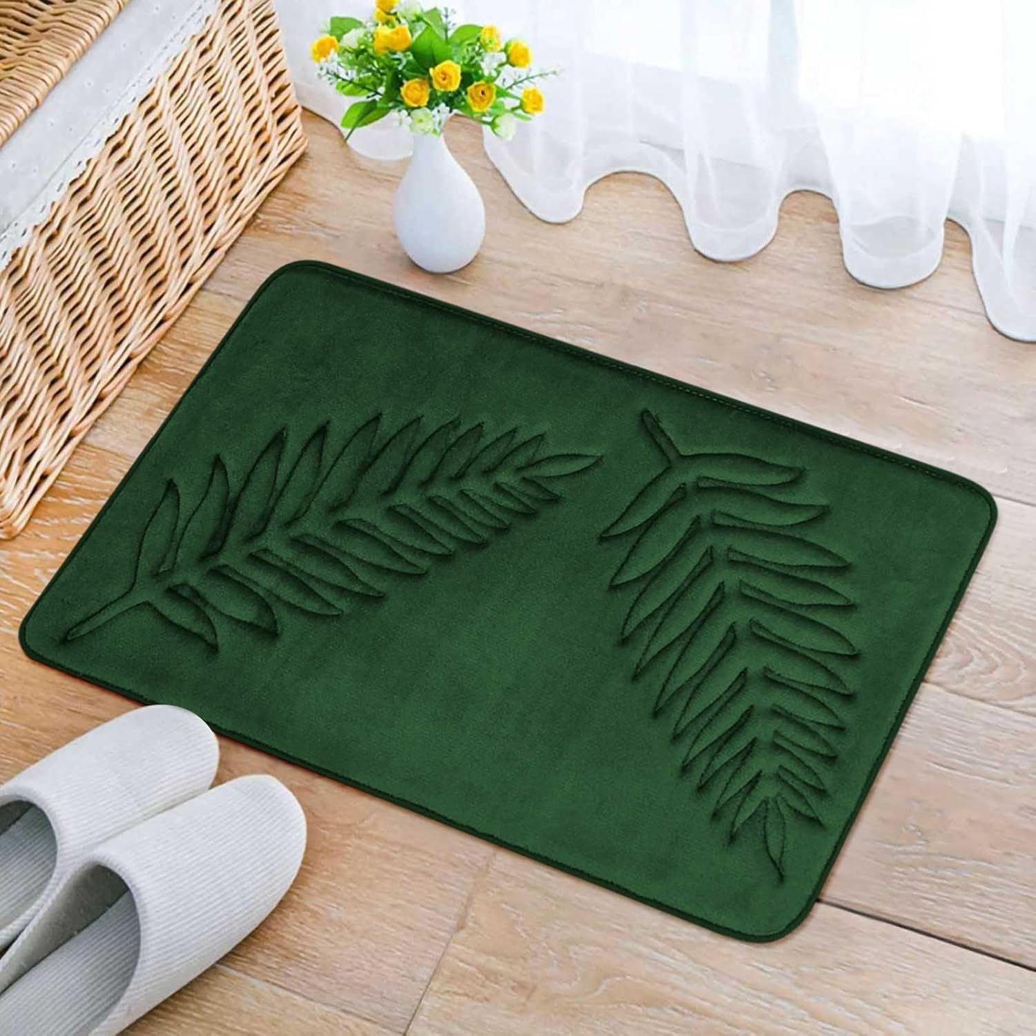Memory Foam Leaf Green Bathroom Rug, Large Absorbent Quick-Drying Green Bath Mat, Washable Anti-Slip Bathroom Mat for Living Room, Fall Decoration (L)