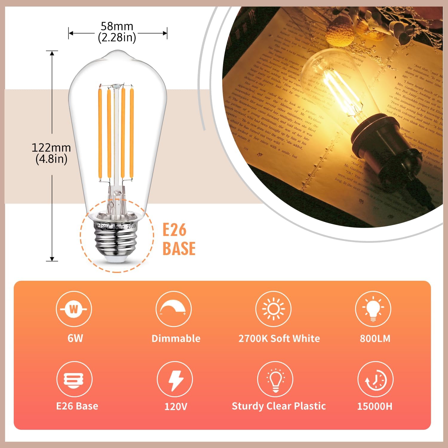 10 - Pack Shatterproof LED Edison Light Bulbs 60W Equivalent, Dimmable ST58 Vintage Light Bulbs, E26 Medium Base, 6W, 800LM, 2700K, 80+ CRI, Antique Decorative Filament LED Bulb.