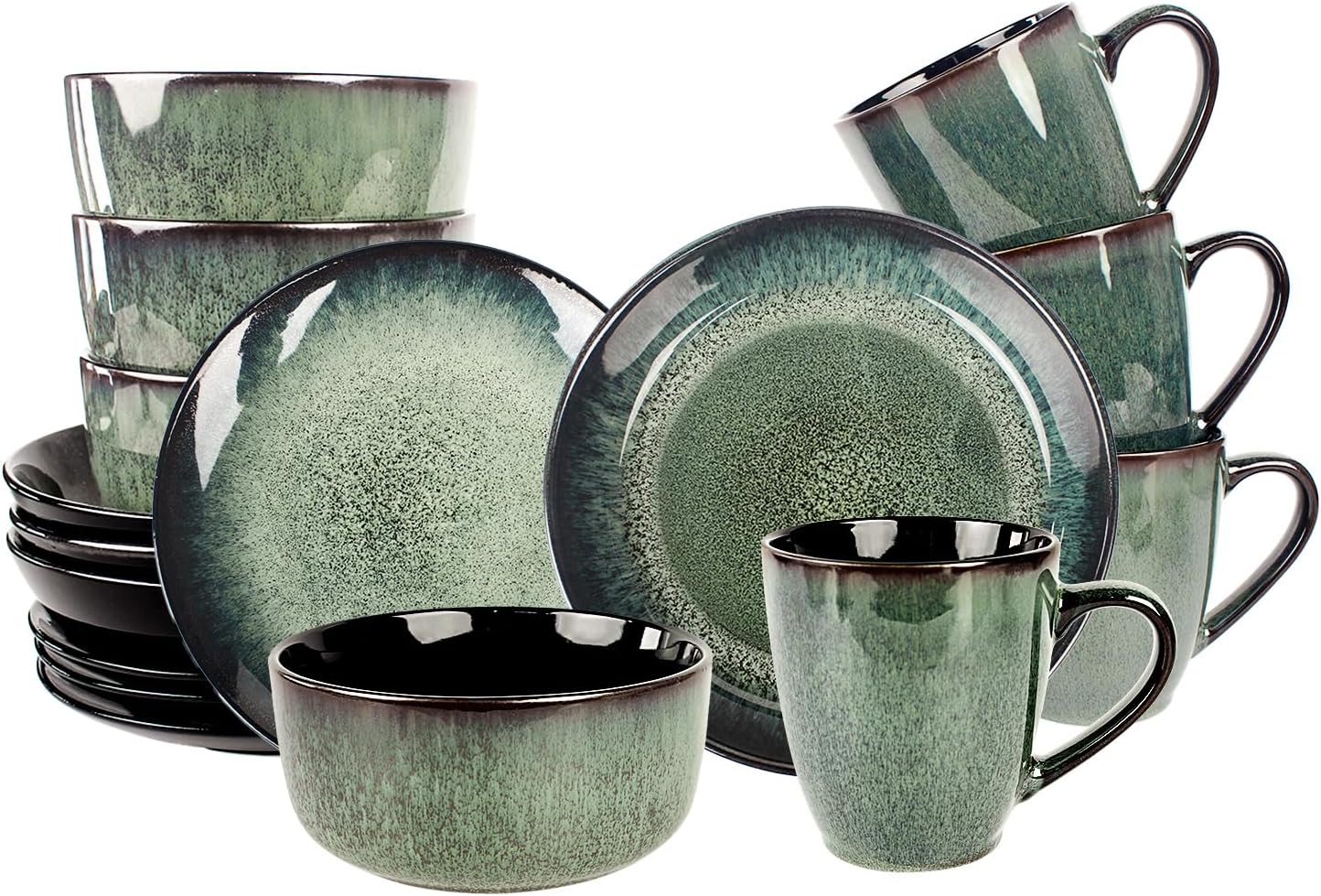 Dinnerware Sets(16Pcs) Serves for 4, Reactive Glaze Plates and Bowls Set with Mug,7.9"Small Plate,8.3"Salad Plate,5.5"bowl, Modern kitchen tableware,Microwave safe, Set No.4