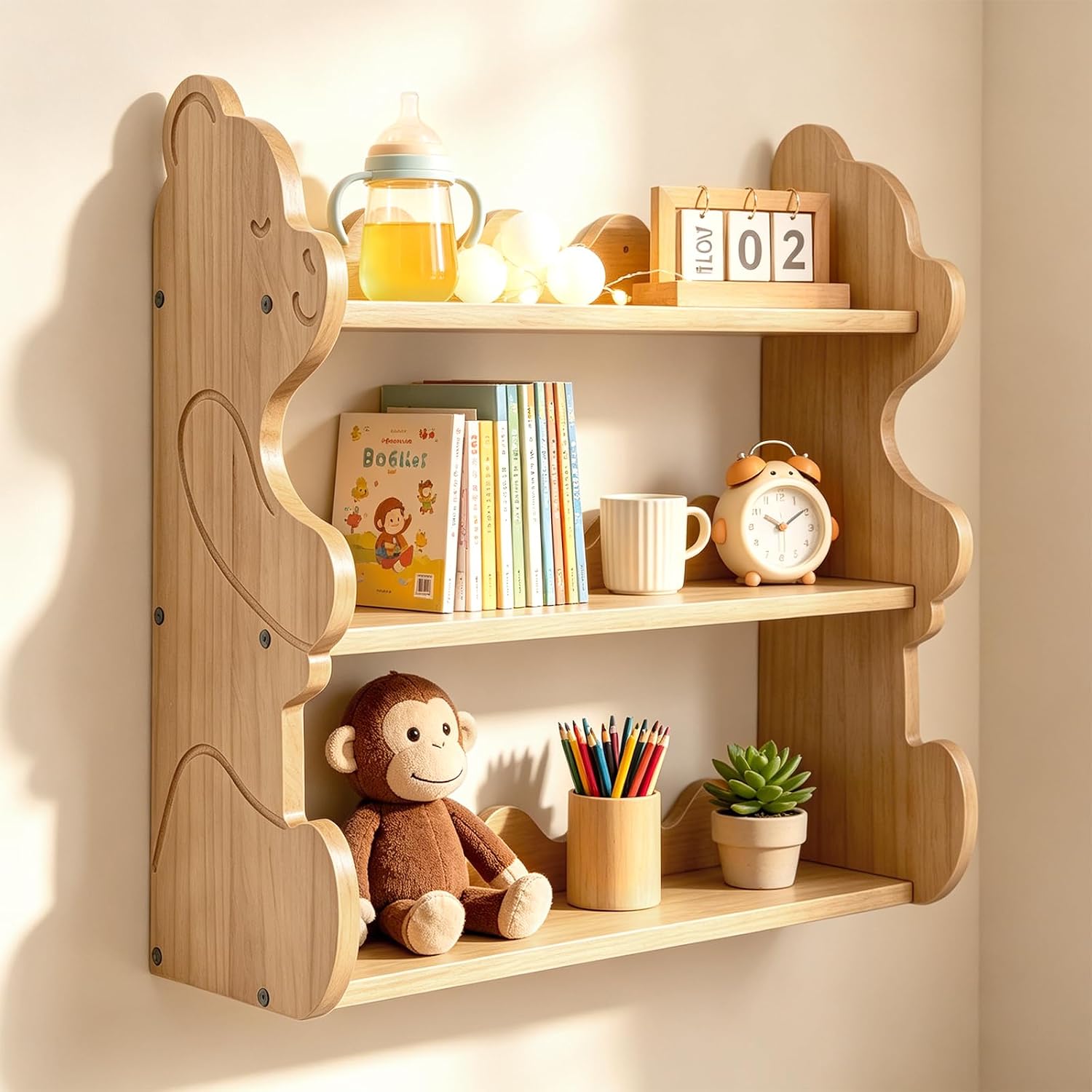3-Tier Wall Mounted Scalloped Shelf Bear Nursery Wood Wall Shelf 3-Tier Floating Nursery Wall Shelf Wooden Cute Hanging Shelves for Room Wall Decor for Kids Room Living Room and Bedroom