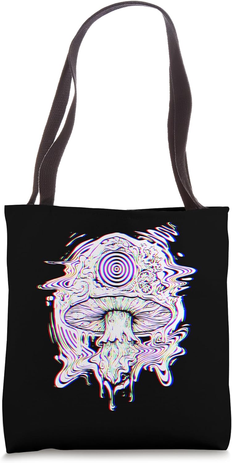 Glitch Mushroom Trippy Techno Rave Party Psychedelic Tote Bag