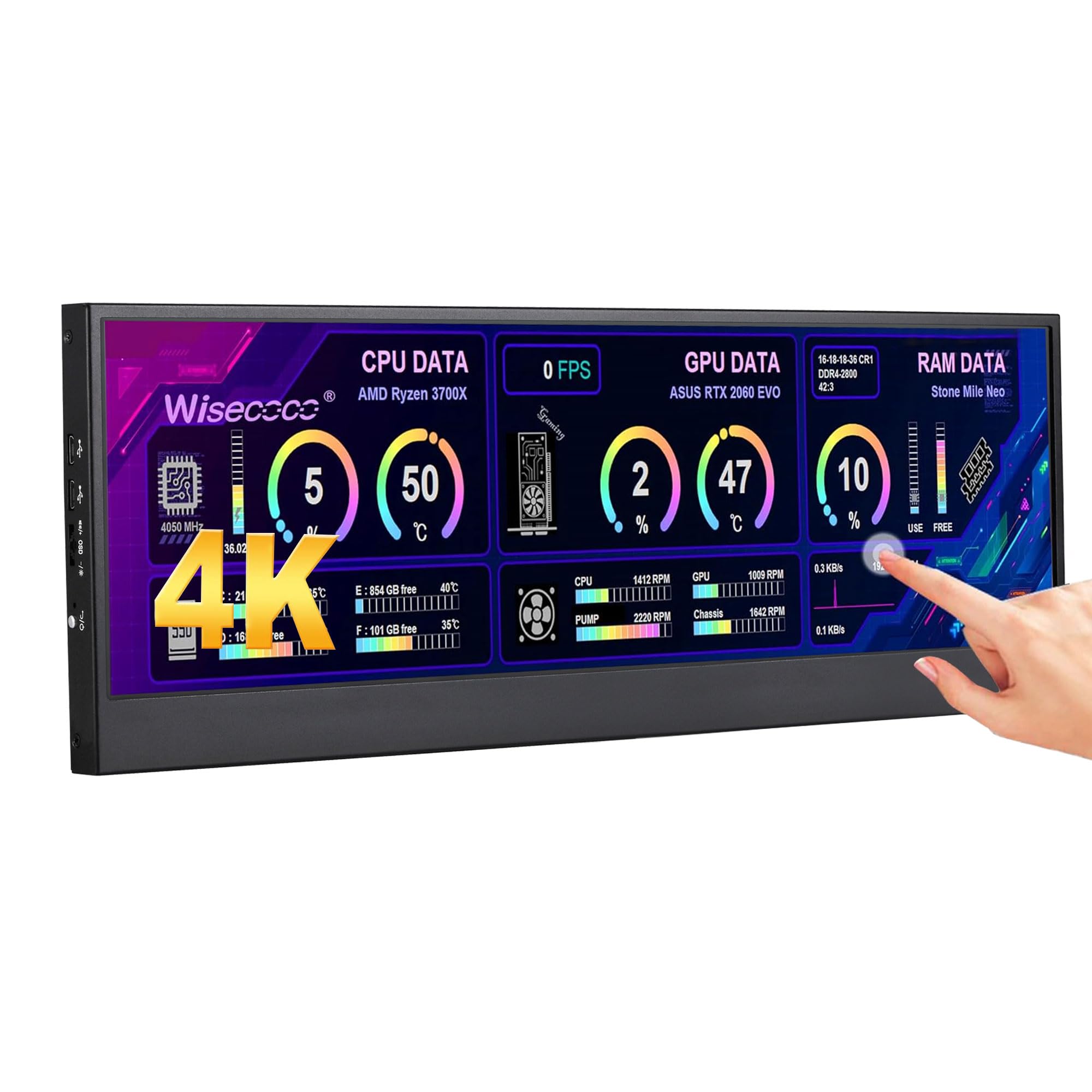 14'' 4K UHD IPS 3840x1100 Barra Estirada Pantalla Táctil Monitor para Ordenador Portátil PC Velocidad Temperatura Windows Aida64 CPU GPU HDMI Monitor Secundario para Música Media Timeline Edición