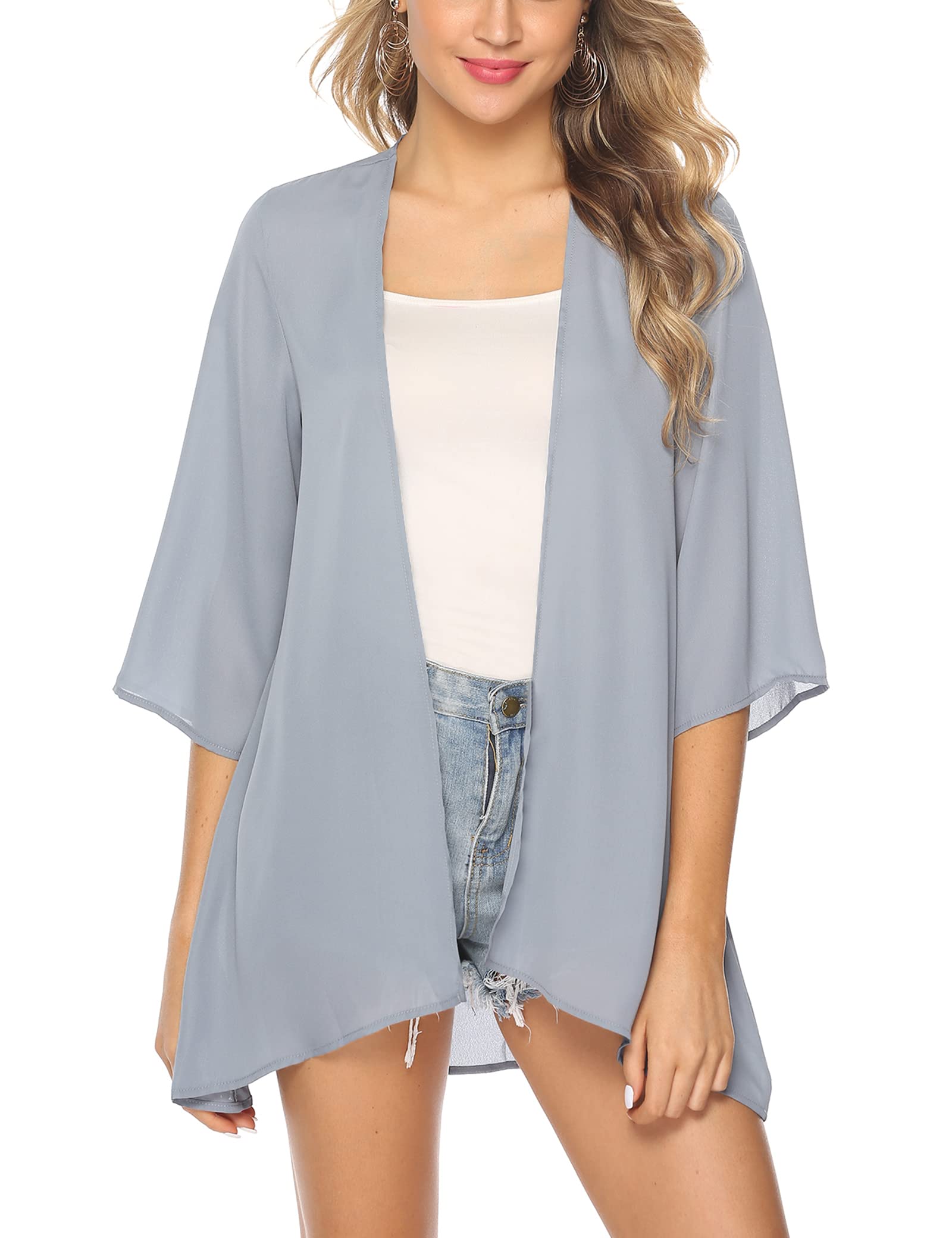 Aottori Kimono Mujer Verano Pareos Playa Manga 3/4 Gasa Chaqueta Cardigan Elegante Ligero Corta Traje de Baño Bikini Cover Up Camisas