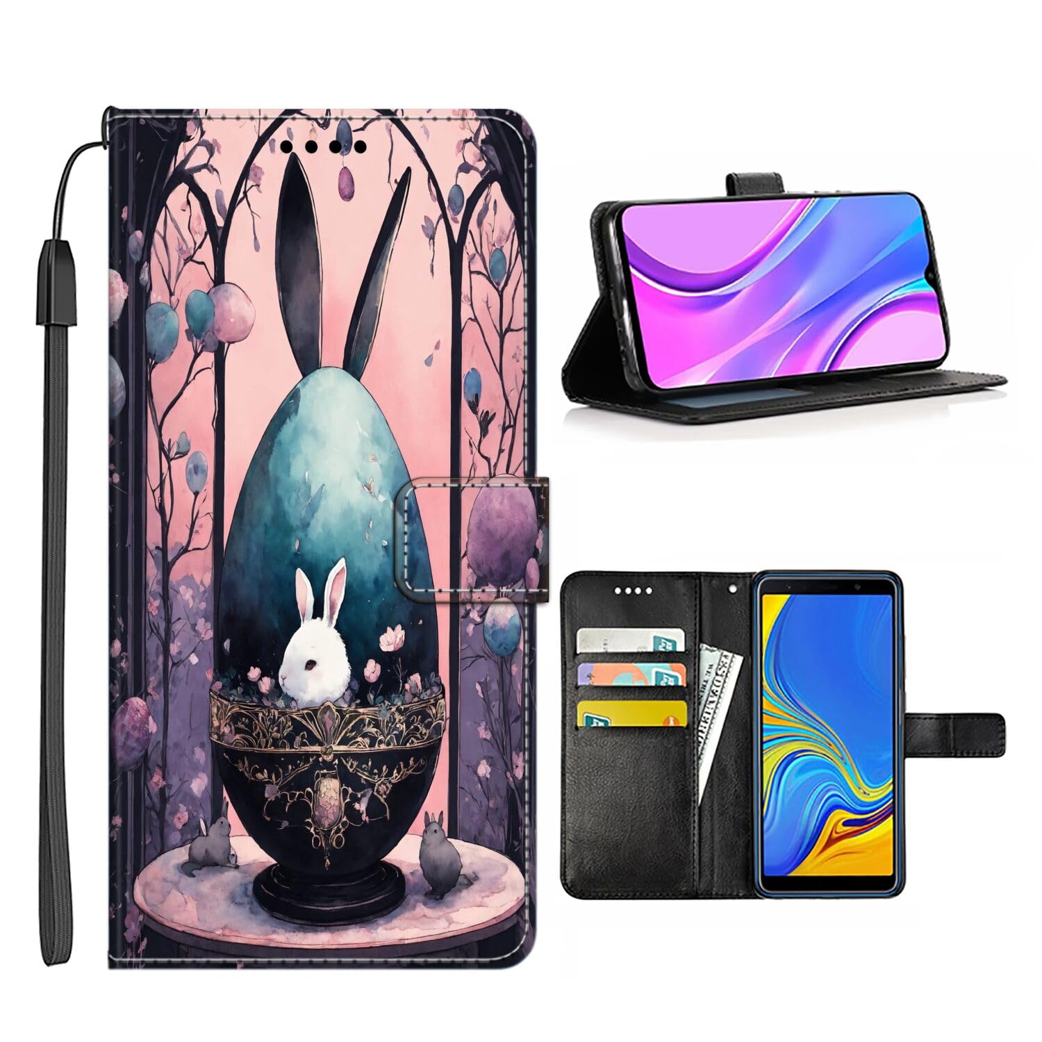 Wallet Case for Google Pixel 8 8 Pro 7 7 Pro 6 6a 6 Pro 5 5a 4 4a 4 XL 3 3 XL 2 2 XL 4G/5G with Easter Rabbit-AB15,Multifunction Folio Pocket