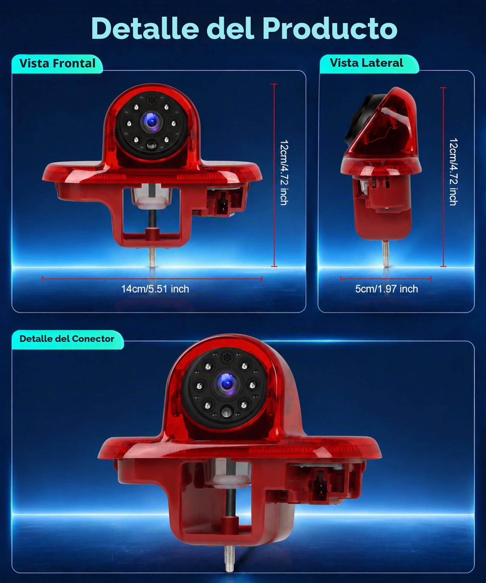 Hodozzy Cámara de Visión Trasera para Renault Trafic/Opel Combo/Opel Vivaro 2001-2014, Cámara para Tercera Luz de Freno, Visión Nocturna por IR, Resistente al Agua IP67, con Línea de Marcha Atrás
