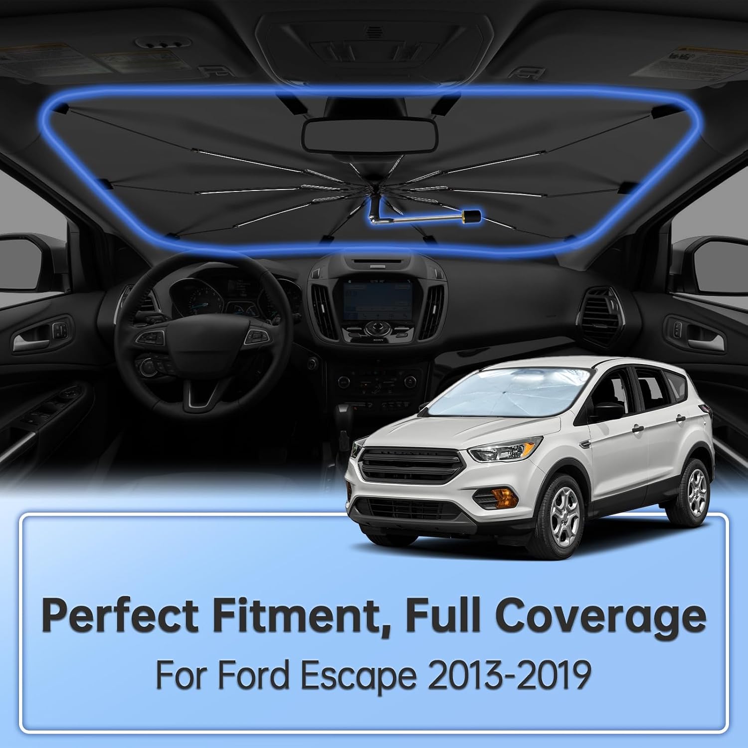Windshield Sun Shade Umbrella for Ford Escape 2013-2019, Foldable Car Sunshade for Front Window, Highly Reflective Windshield Sun Shield Visor for UV Protection, Keep Car Cool Accessories