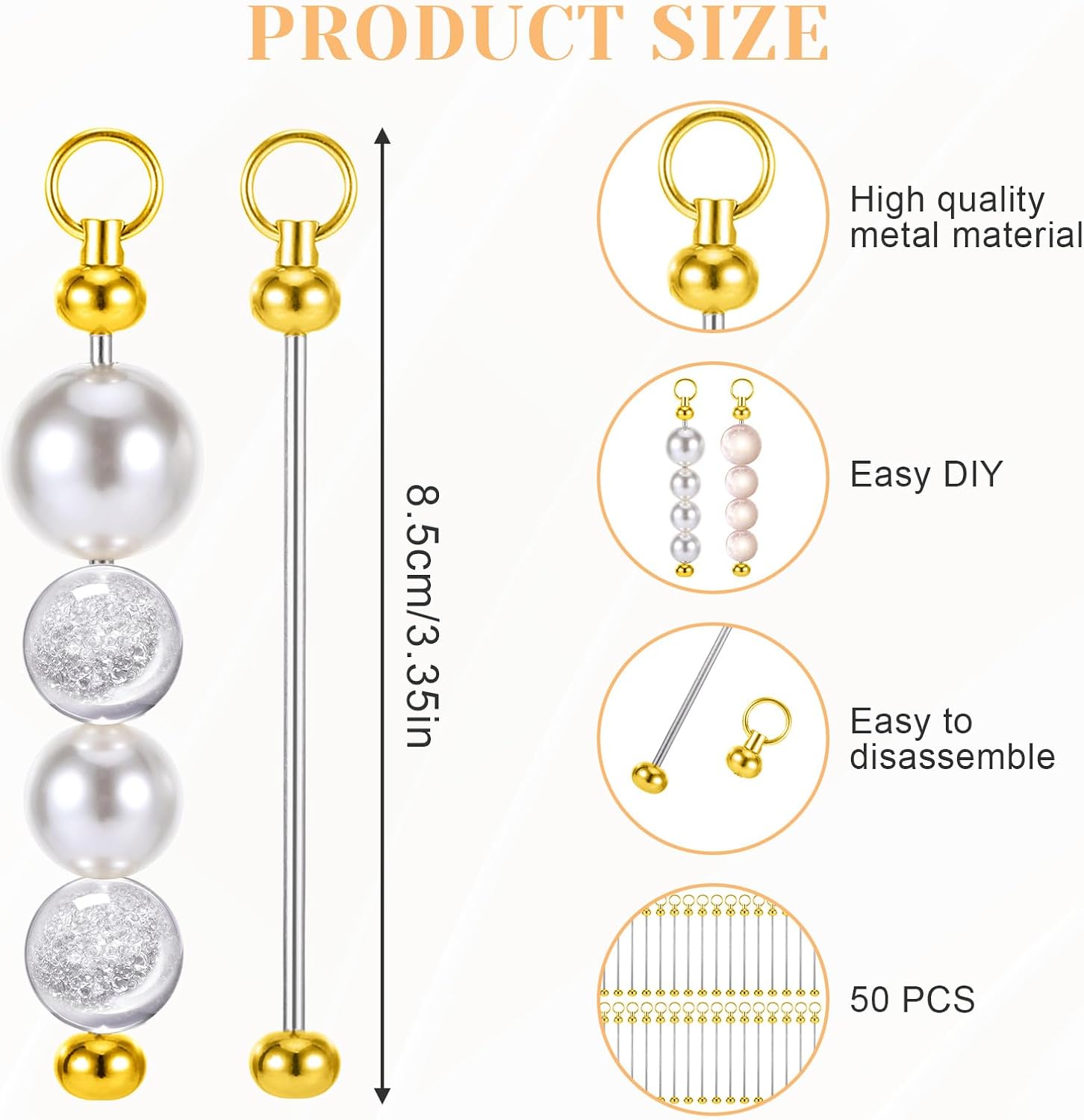 50 Pcs Beadable Keychain Bars, Blank Beadable Keychains Bars Items Bulk, Bead Keychain Making Kit Beaded for Keychains Making Accessories Pendant Metal, DIY Gifts for Women and Men(Golden)