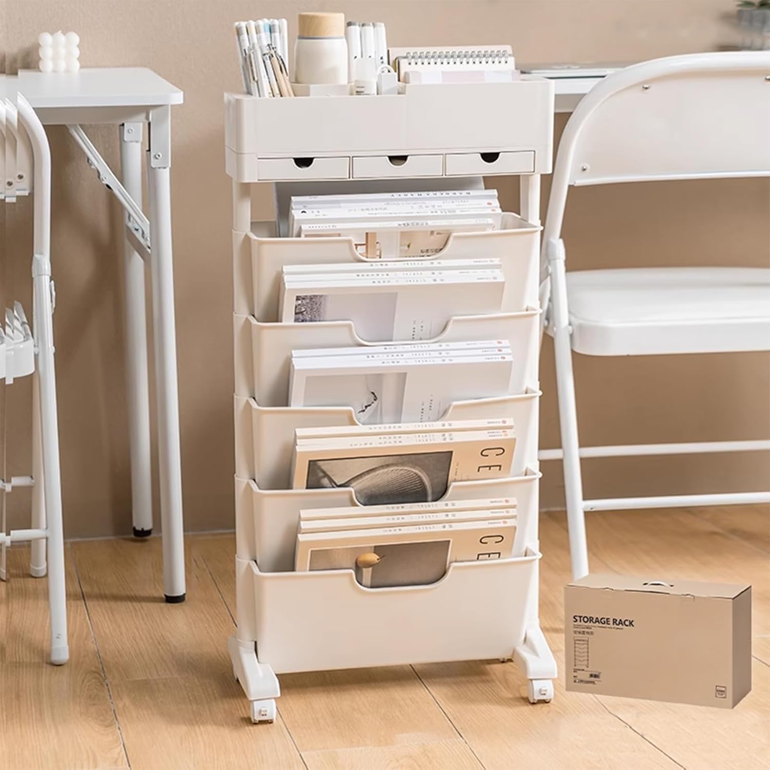 Mobile Bookshelf with Wheels, Multi-Functional Movable Storage Book Shelves with Lockable Casters for Study Office Kitchen Classroom