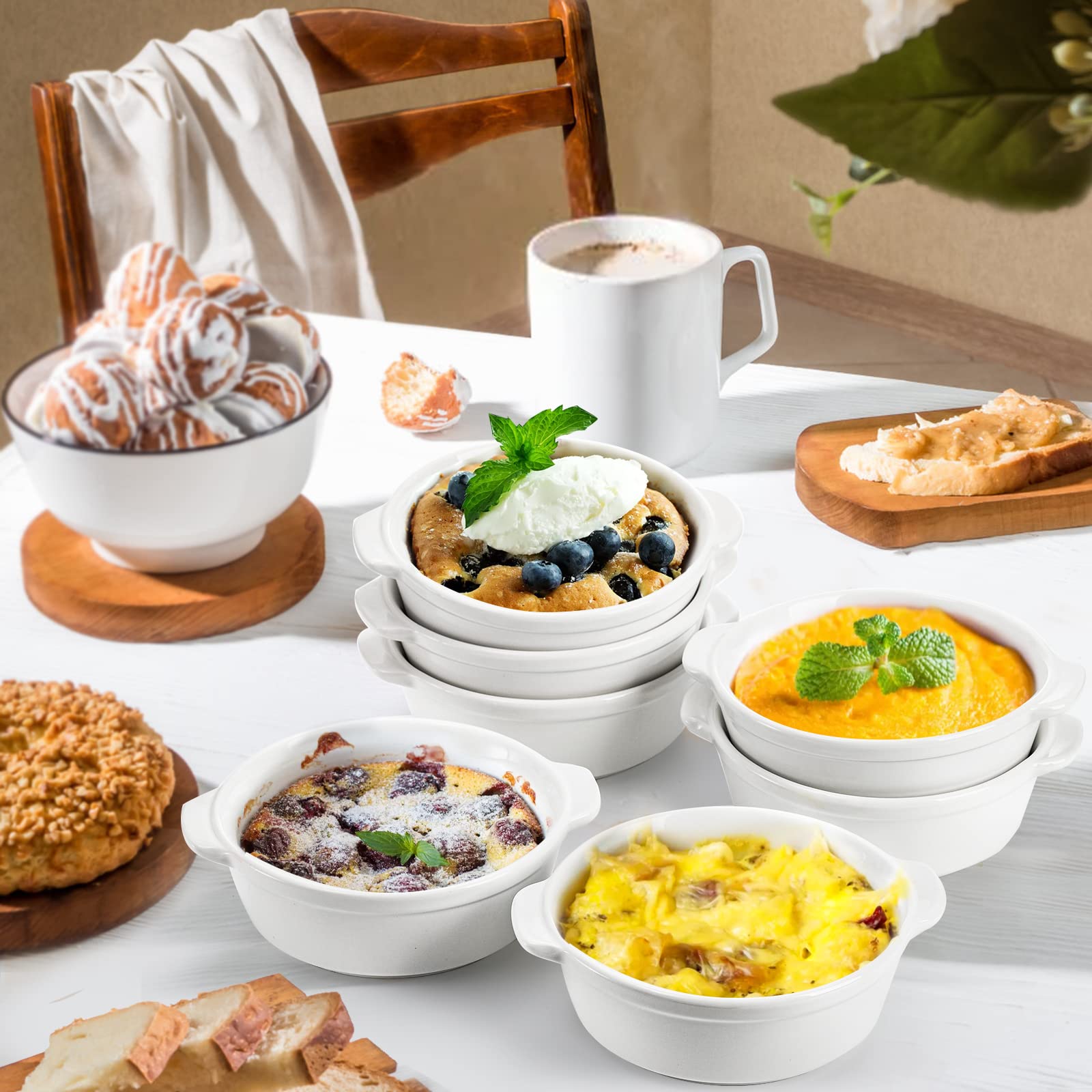 Foraineam Paquete de 6 platos de porcelana de 10 onzas con doble asa redonda Ramekins para hornear pudín, crema brulee, soufflé