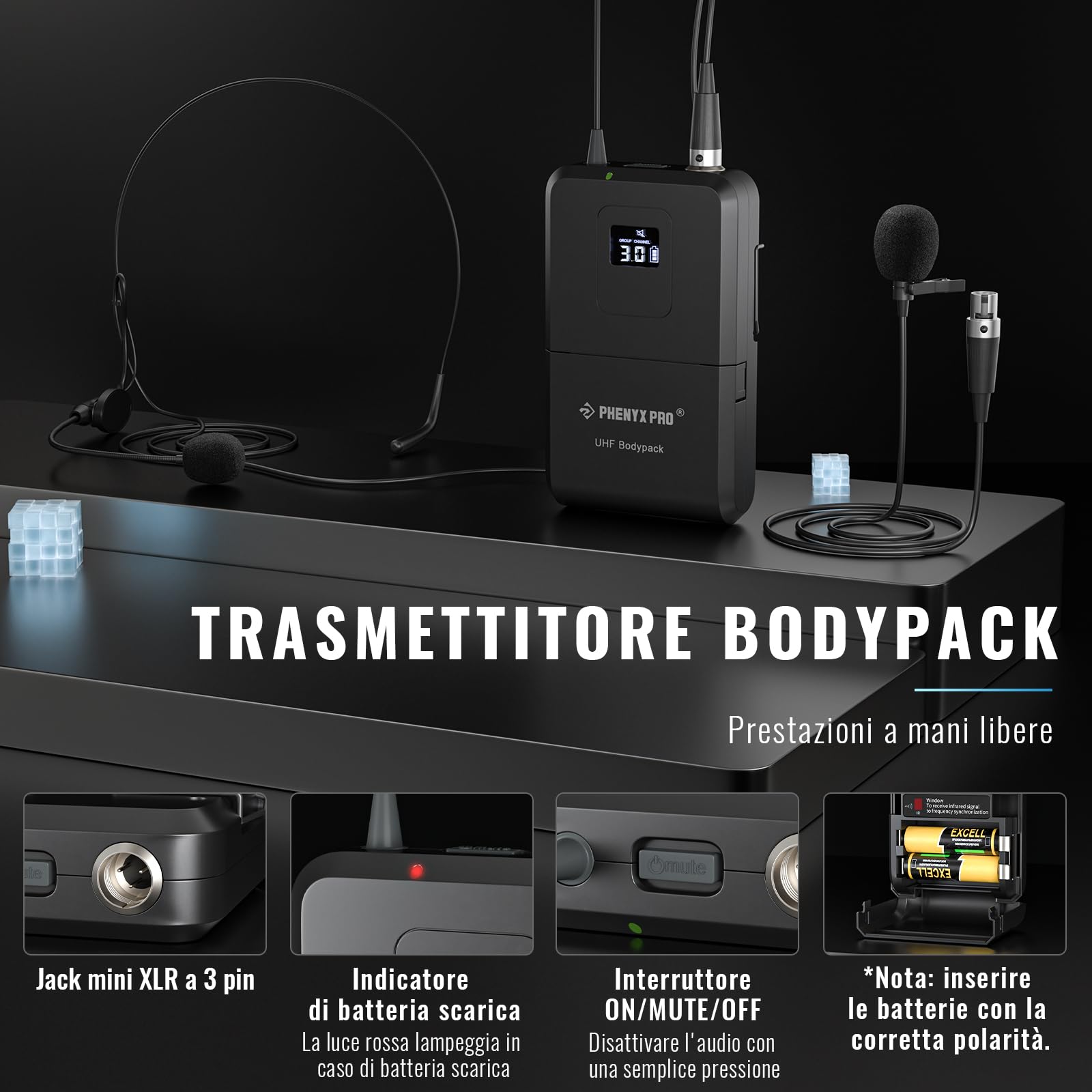 Phenyx Pro Sistema microfono wireless UHF doppio PTU-71-2B | scansione automatica con 2x100 frequenze, 2 bodypack e archetto/da bavero, microfono per cantare, chiesa, DJ