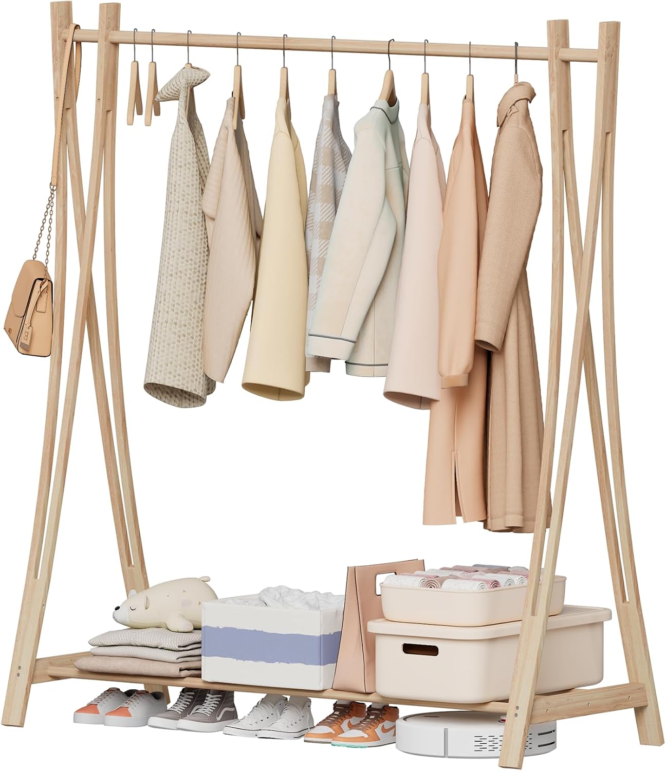 Wooden Retail Display Hanging Clothes Rack with Storage Shelf, 52" W x 57" H Freestanding Heavy Duty Clothing Drying Garment Rack for Hanging Clothes, Coat, Dress, Shirt, Hat