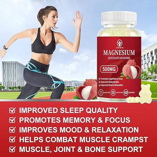 Miniatura 6 de Gomitas de glicinato de magnesio de 500 mg  Suplemento de magnesio sin azúcar con vitamina D, B6, CoQ10 para un estado de ánimo tranquilo y