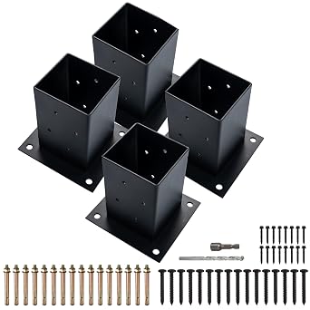 4 PCS LADECH 4x4 Wood Fence Post Anchor Base، 2mm Thick Steel and Black Powder Coated، Come with Wood Screws and Concrete Anchors Black - 4 PCS